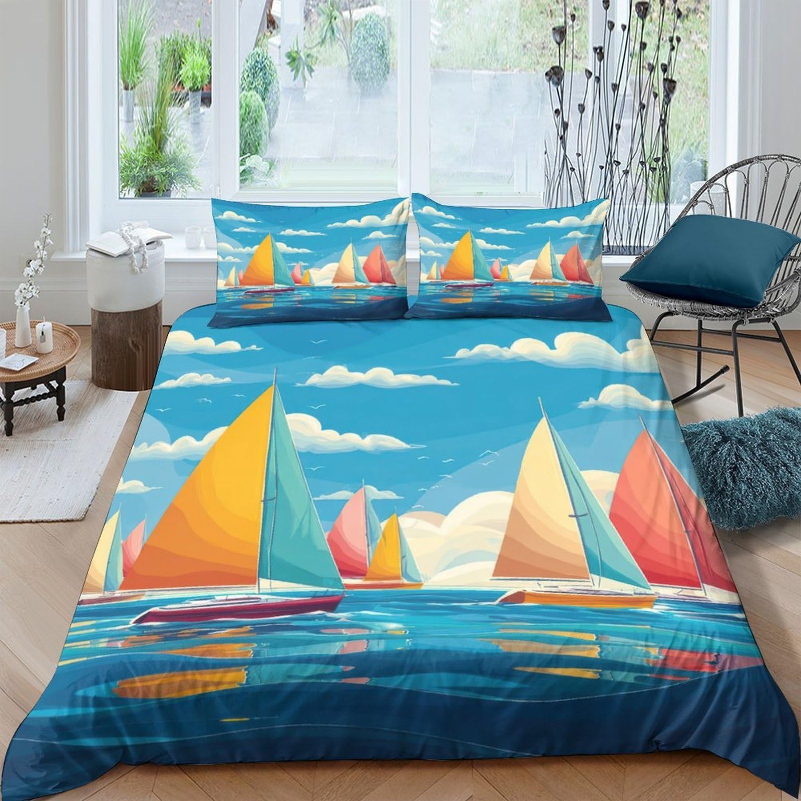 Ctjqhvkz Style-10 3D Printed Sailboat Regatta Fitted Sheet Microfiber Soft Watercolor Ocean Mattress Cover For Bedroom Guest Room Dorm Decor Single（135X200cm）