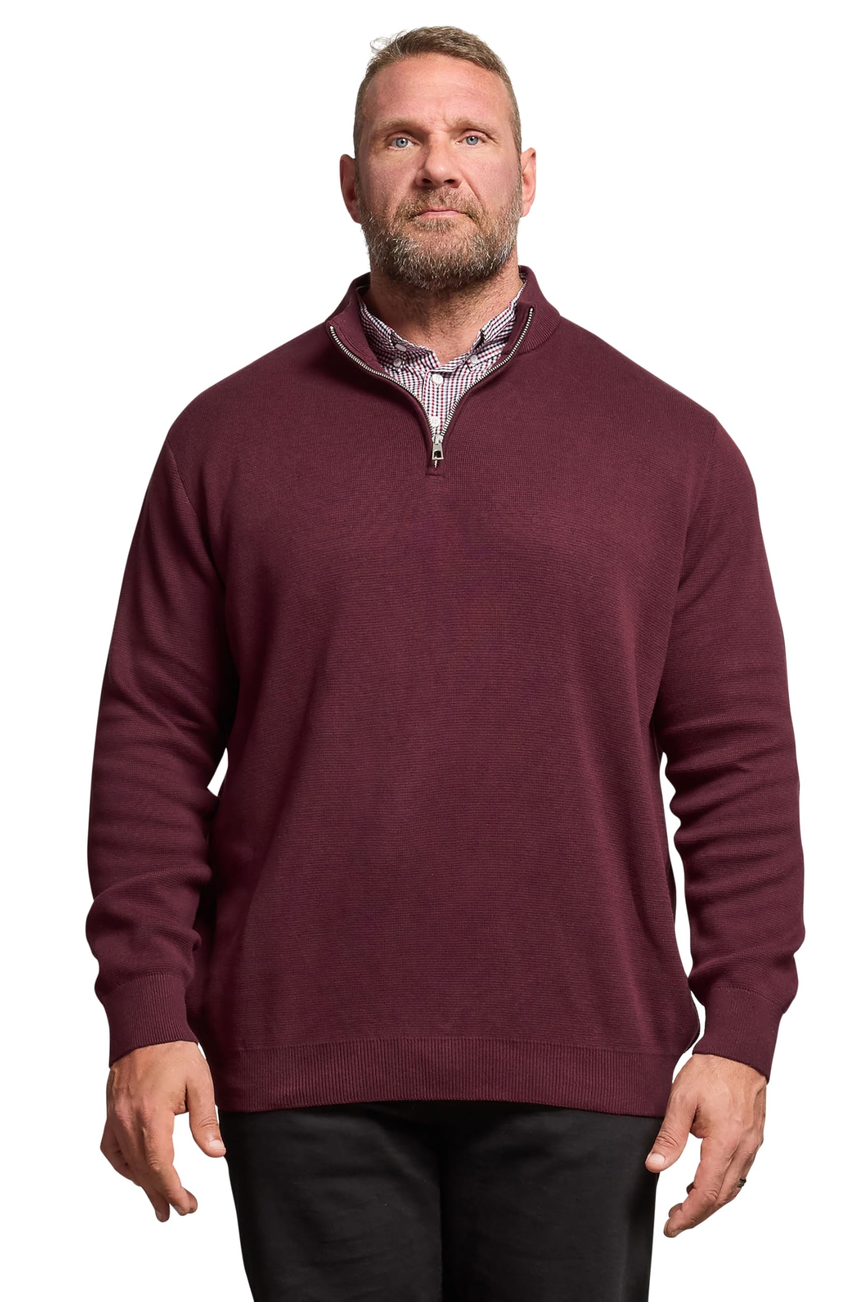 Badrhino Men's Burgundy Big & Tall Red Mock Shirt Milano Quarter Zip Jumper - Plus Size Curve