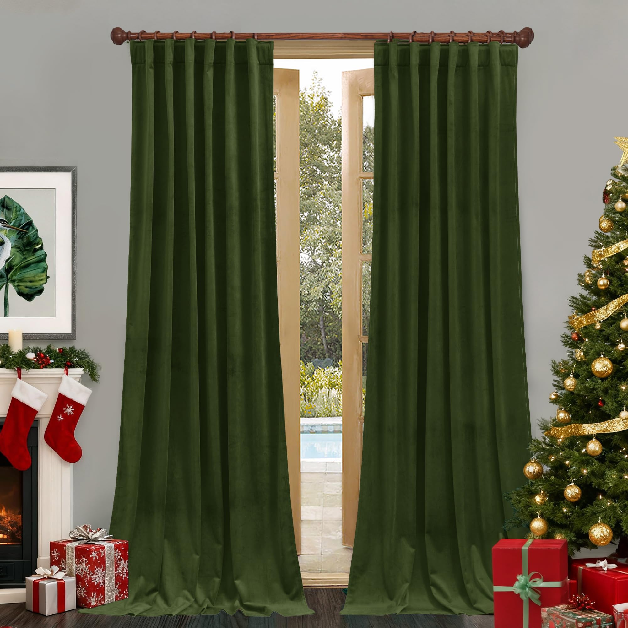 StangH Moss Velvet Curtains 90 inches, Room Darkening Thermal Insulated Sliding Door Drapes Nursery Kids Room Decor Christmas Holiday Backdrops, W52 x