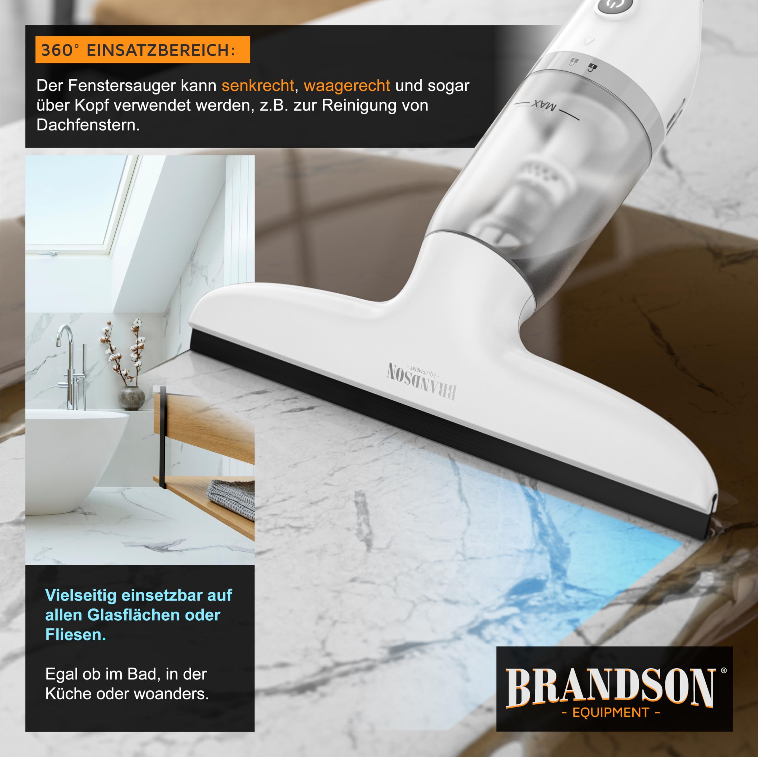 Brandson - Akku Fenstersauger kabellos – Fensterreiniger elektrisch 2200 mAh Li-Io-Akku – Laufzeit ca. 30 min. – 28 cm Saugdüse – 60 ml Wassertank – inkl. Sprühflasche