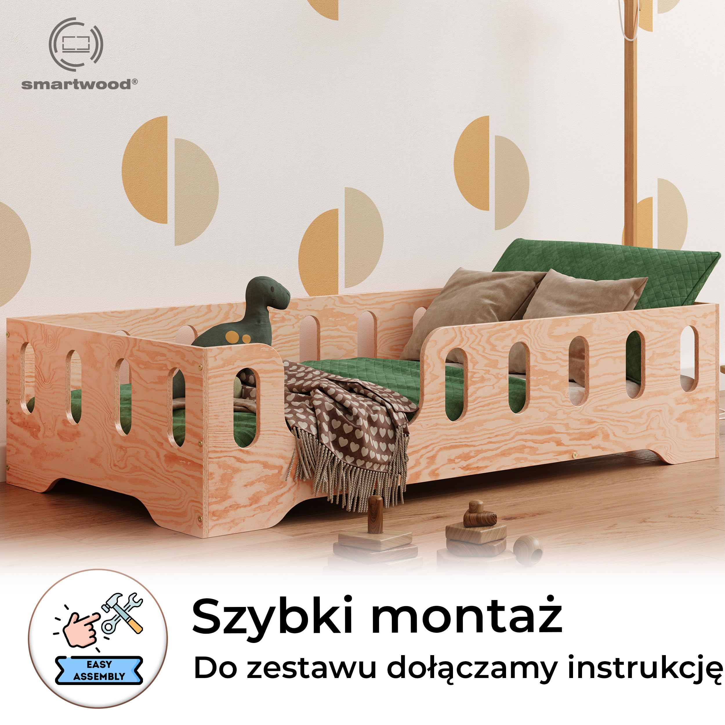 smartwood Łóżko Dziecięce 90x200 Drewniane z Barierką i Stelażem - TILA 2L - Naturalne Łóżko Podłogowe Jednoosobowe Dla Chłopaka i Dziewczynki - Łatwy Montaż oraz Udźwig do 230 kg