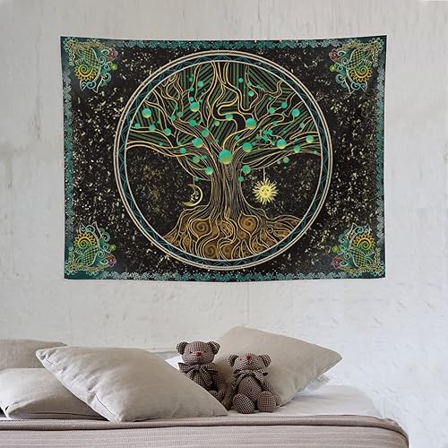 Miniatura 8 de Árbol de la vida, bohemio, sol, luna, naturaleza, lindo tapiz verde para pared, mandala espiritual, chakras, grunge, tapices para colgar en la pared