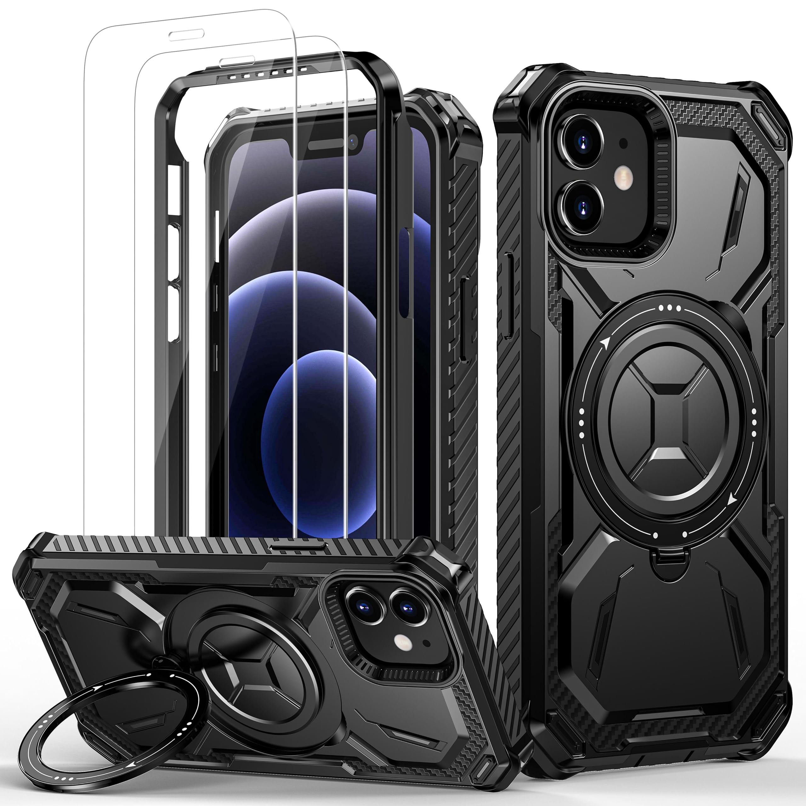 Lanhiem Cover iPhone 12/12 Pro con 2 Pezzi 9H Vetro Temperato, Supporto Magnetico ad Anello a 360°Protezione Antiurto Anticaduta di Livello Militare Armor Custodia iPhone 12 Pro / 12, Nero
