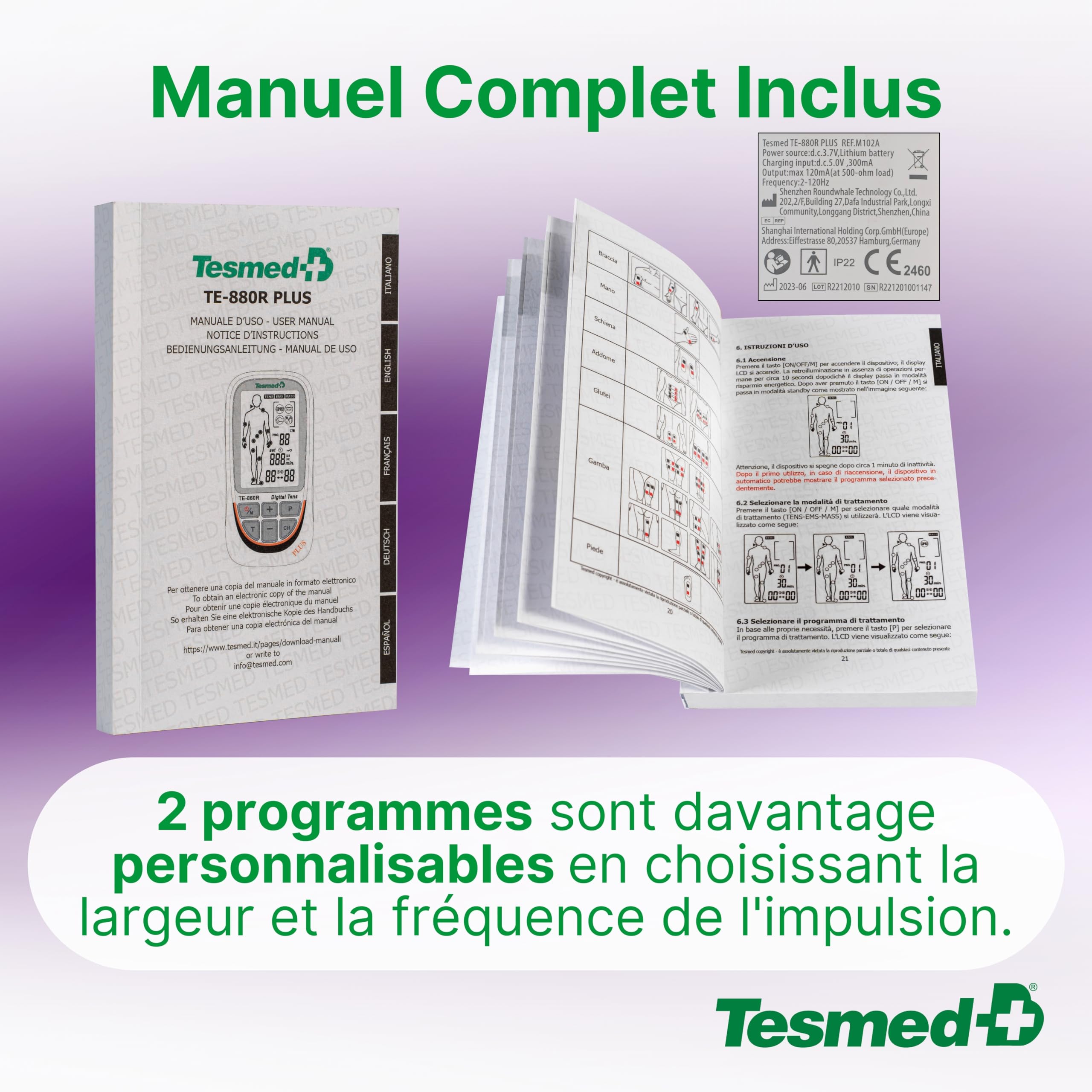 TESMED TE-880R Plus Électrostimulateur Musculaire Rechargeable, EMS, TENS, Massage - 73 programmes dont 2 personnalisables - Fonctionne avec 8 électrodes