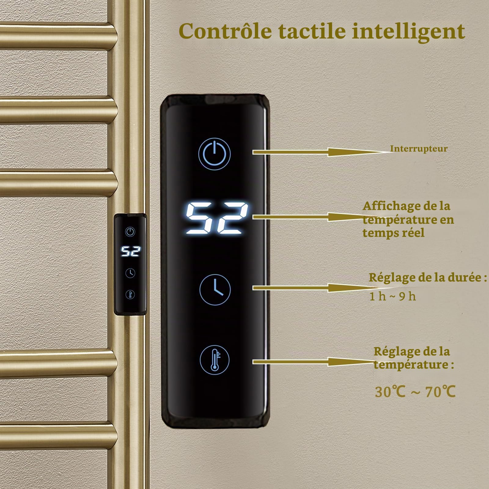 ESOP Sèche-Serviette Électrique Or Brossé 185 W Chauffe-Serviettes 110×60 cm WiFi Intelligent Porte-Serviettes Chauffant Électrique 15 Barres Courbes Commande Tactile à LED Radiateur de Salle de Bain