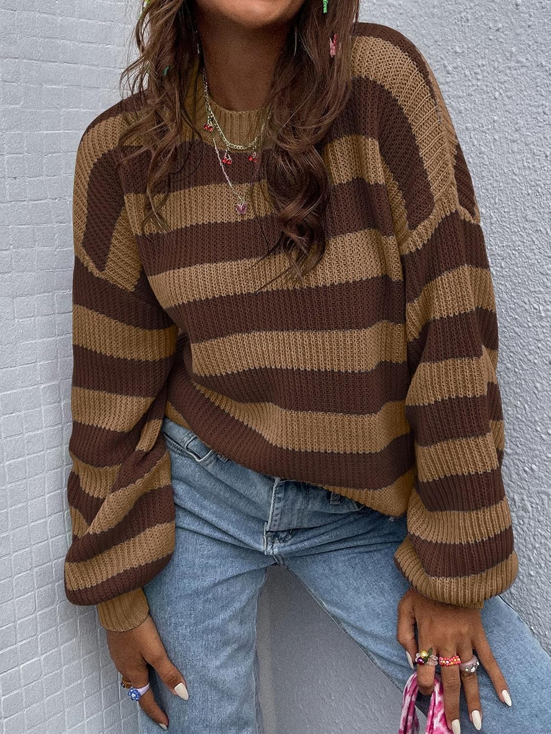 Sweater Womens Sweater Striped Pattern Drop Shoulder Sweater (Color : Blue, Size : X-Large)