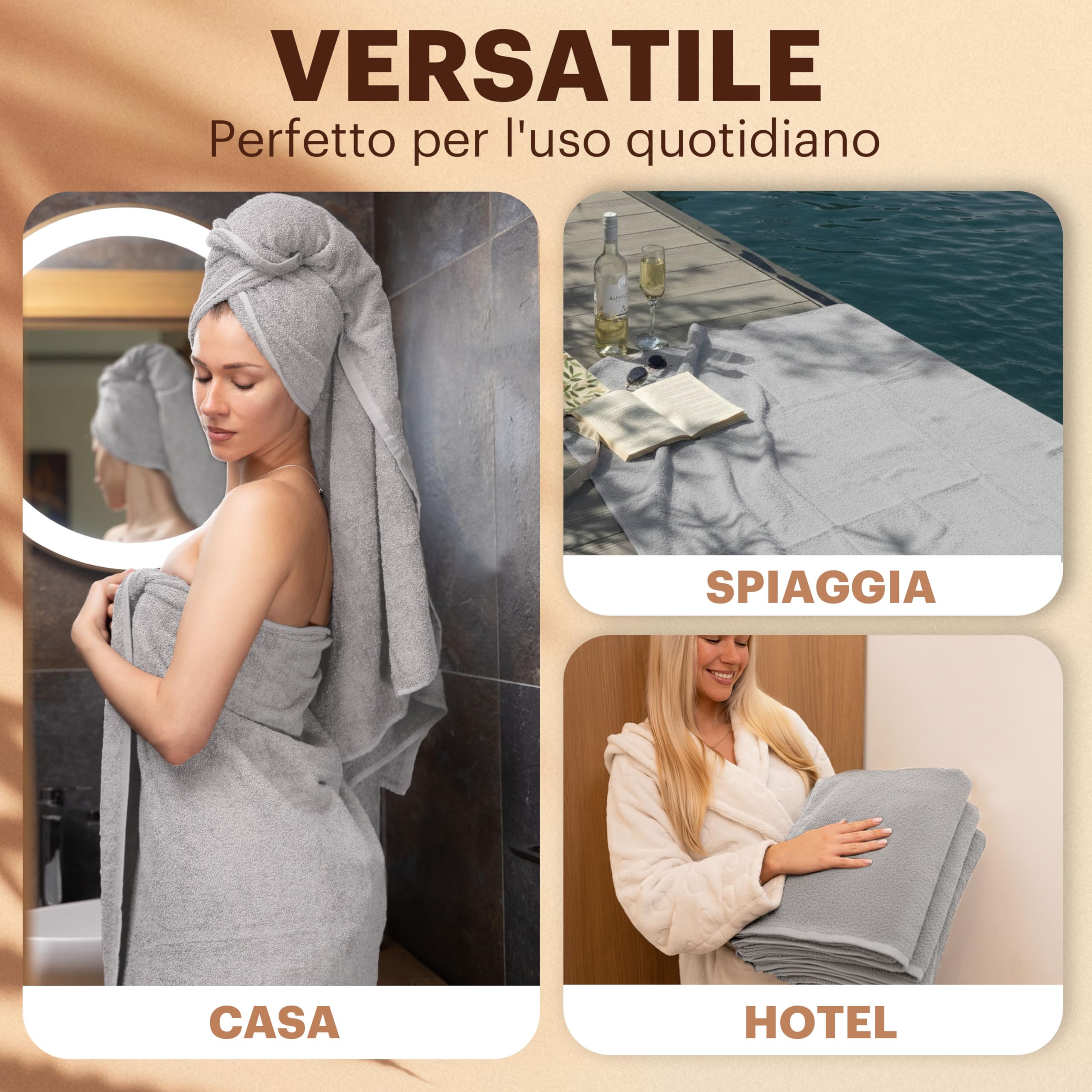 NatureMark Set da 4 teli doccia – teli doccia morbidi e assorbenti in 100% cotone, adatti all’uso quotidiano – Grigio Argento, 70x140 cm