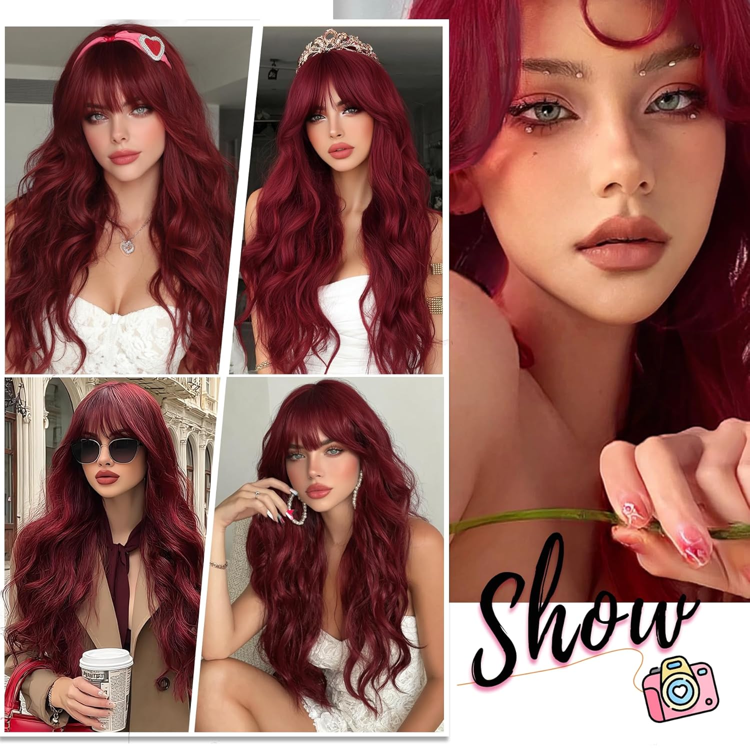 Long Red Wig with Bangs Red Wigs for Women Wavy Wig Curly Red Hair Wig Curtain Bang 30 Inch Synthetic Wigs Natural Hair Cosplay Wigs Party Hair Replacements Wigs for Girls Daily Party Use - Image 5