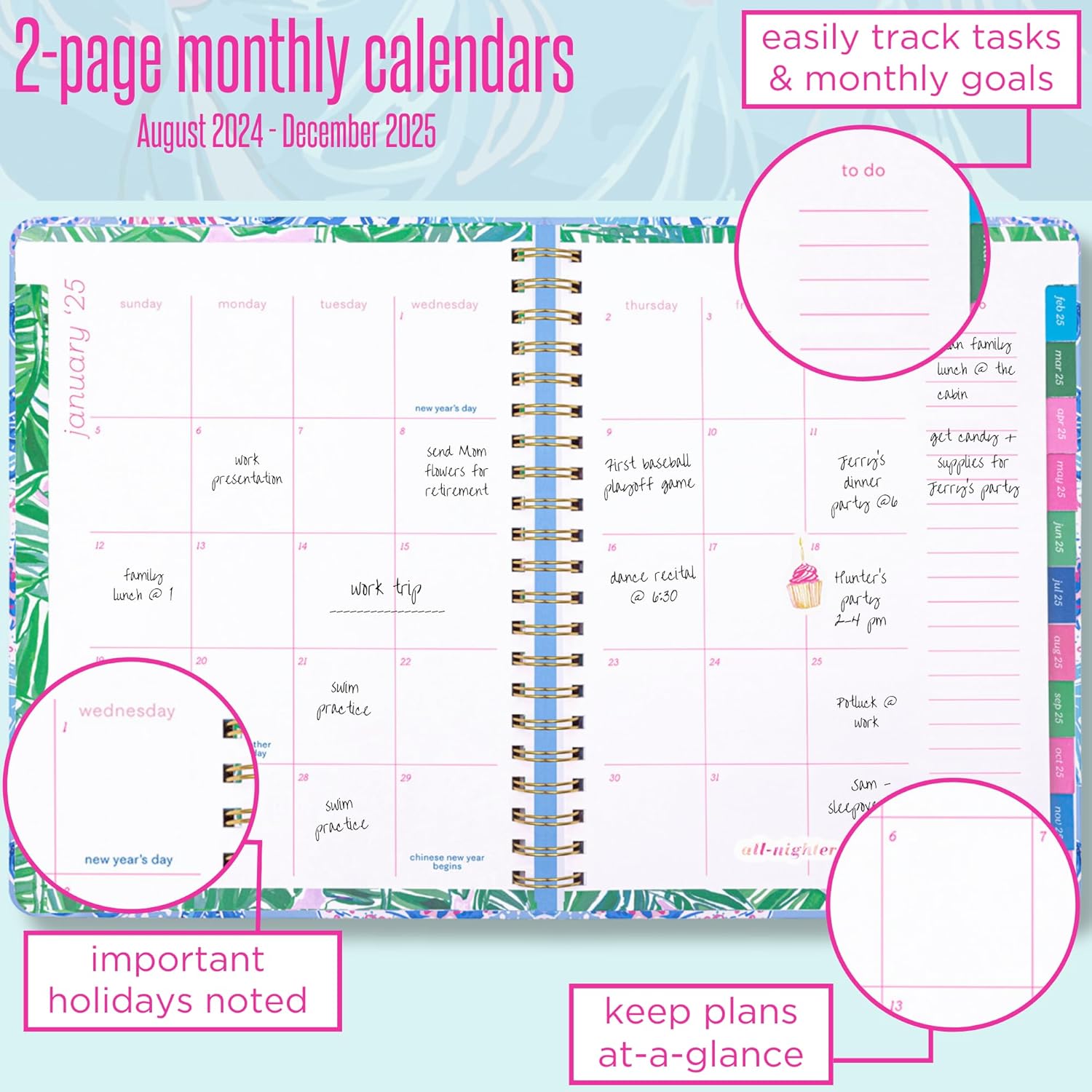 Lilly Pulitzer Daily Planner Dated August 2024 - December 2025, Weekly Agenda with Monthly Calendar, Stickers, Pockets, & Spiral Binding, A Lil Nauti