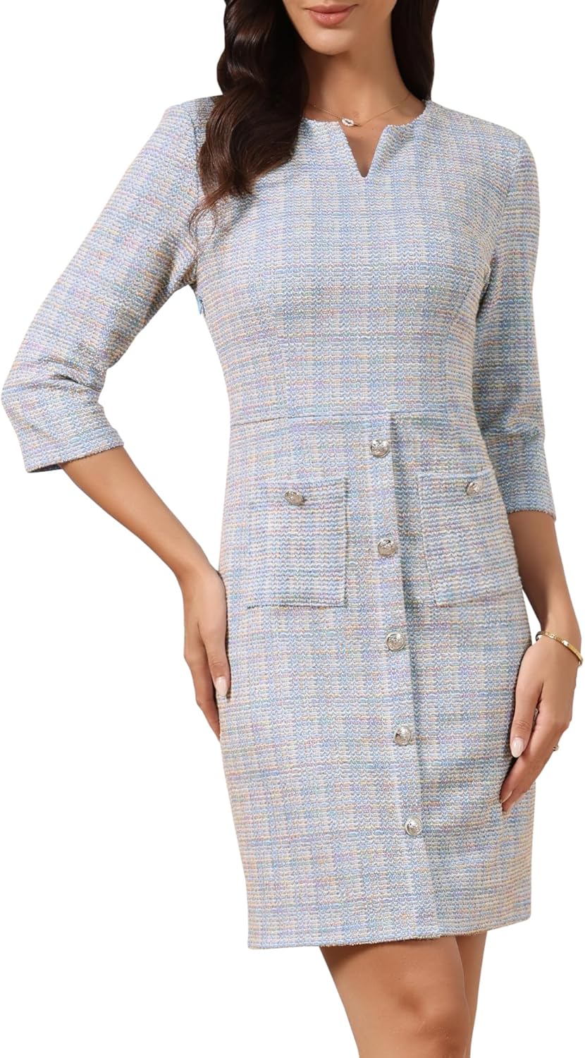 Allegra K Tweed Dress for Women Vintage 3/4 Sleeve Business Office Wear to Work Sheath Dress