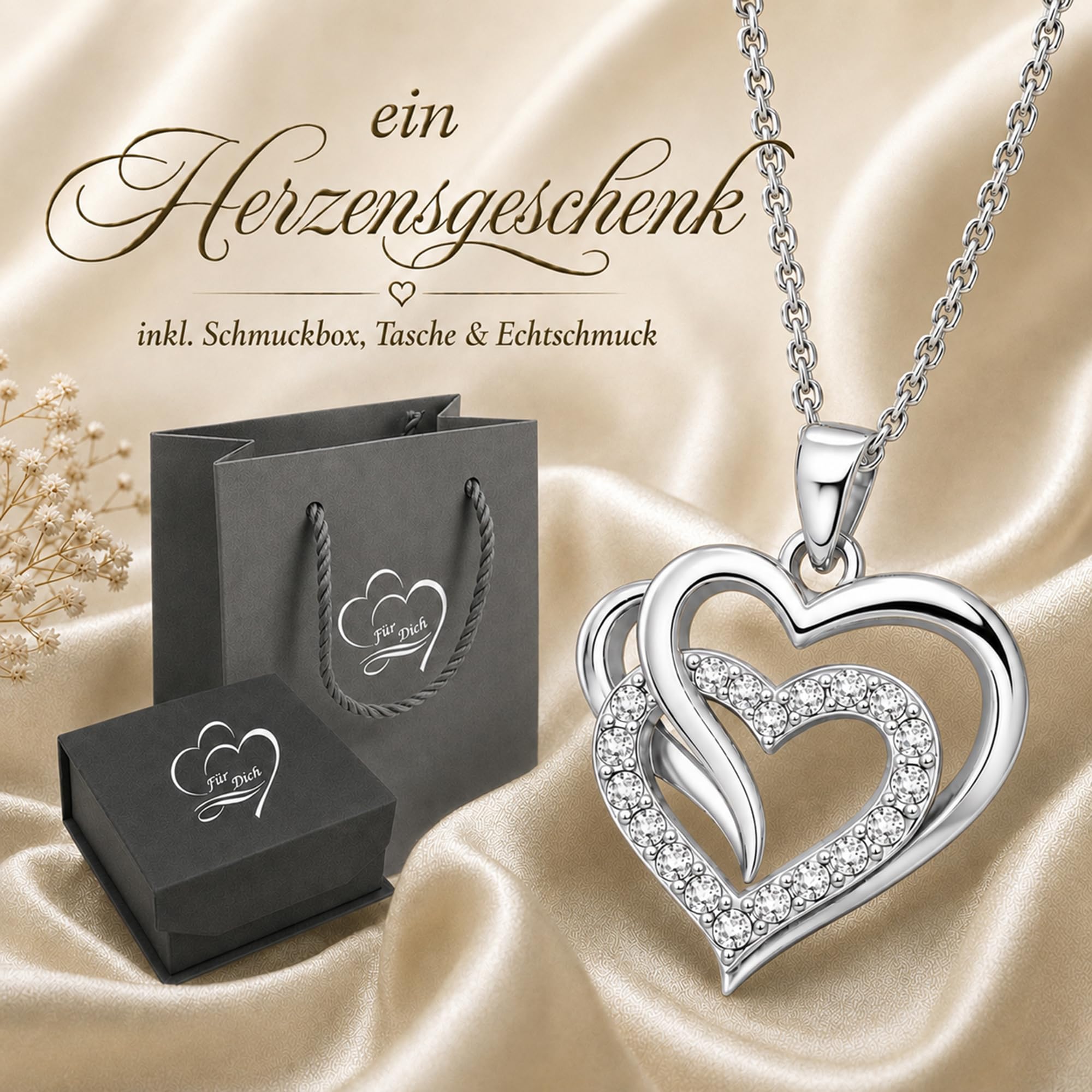 Herzkette Damen 925 Sterling Silber, Halskette mit Herz Anhänger und Zirkonia, Kette Geschenk für Frauen Freundin, Zusatzherz Ich liebe Dich, inkl. Schmuckdose und Geschenktasche