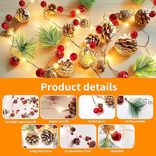 Miniatura 3 de Paquete de 2 guirnaldas de luces de piñas de Navidad, guirnalda de Navidad de 6.6 pies con luces, 20 luces LED funciona con pilas, guirnalda de