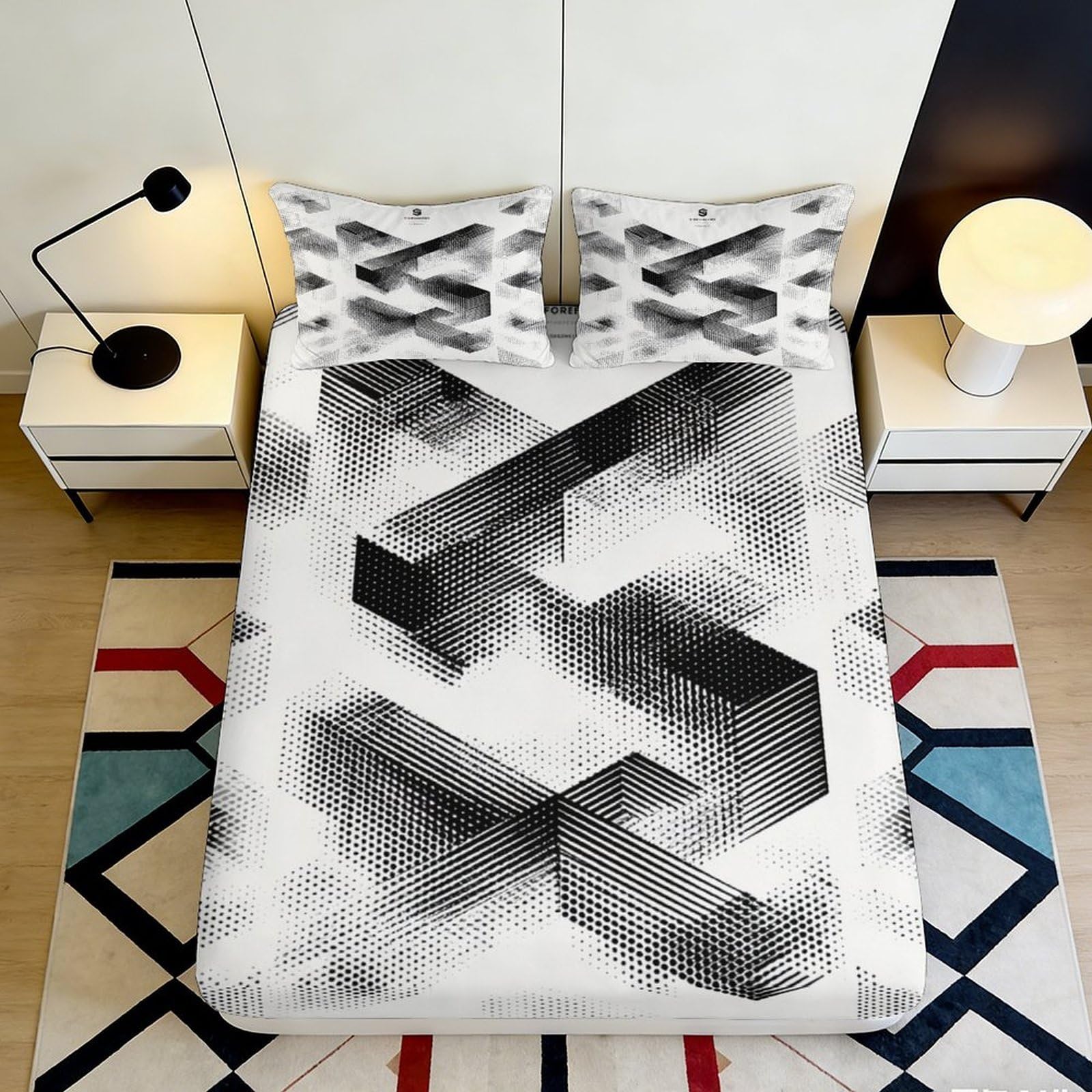 3D Printed Geometric Illusion Fitted Sheet Microfiber Monochrome Abstract Mattress Cover Non-slip Machine Washable Bedroom Decor 90x200x25cm