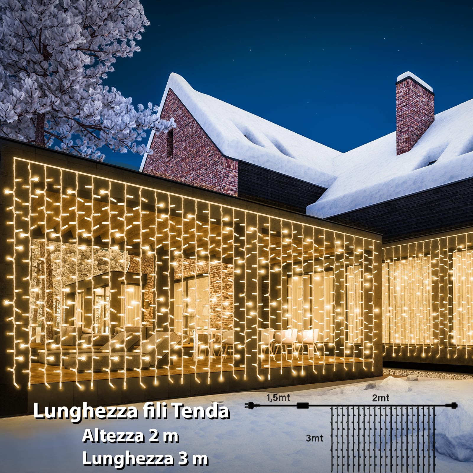 GINMA Luci di Natale Professionali Effetto Tenda Luminosa LED - Certificata IP44 - Basso Consumo e Impermeabili - Prolungabile (Bianco Caldo, 2x3 metri (300 LED))