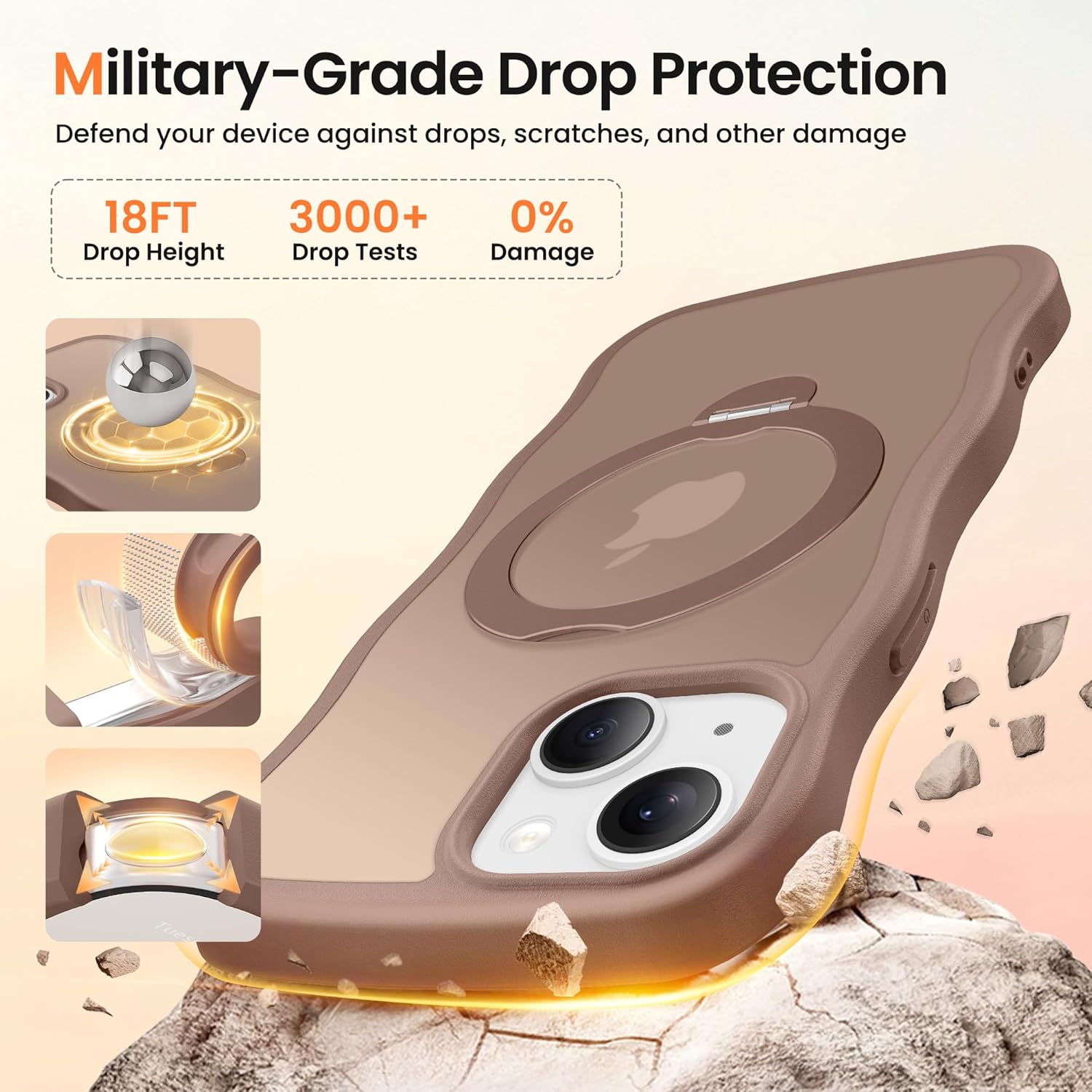 CAPRARO for iPhone 13 Case & iPhone 14 Case with 360° Spin Magnetic Stand for Women, [Compatible with MagSafe] [Camera Protection] Cute Wave Translucent Matte Case for iPhone 13/14, Brown - Image 6