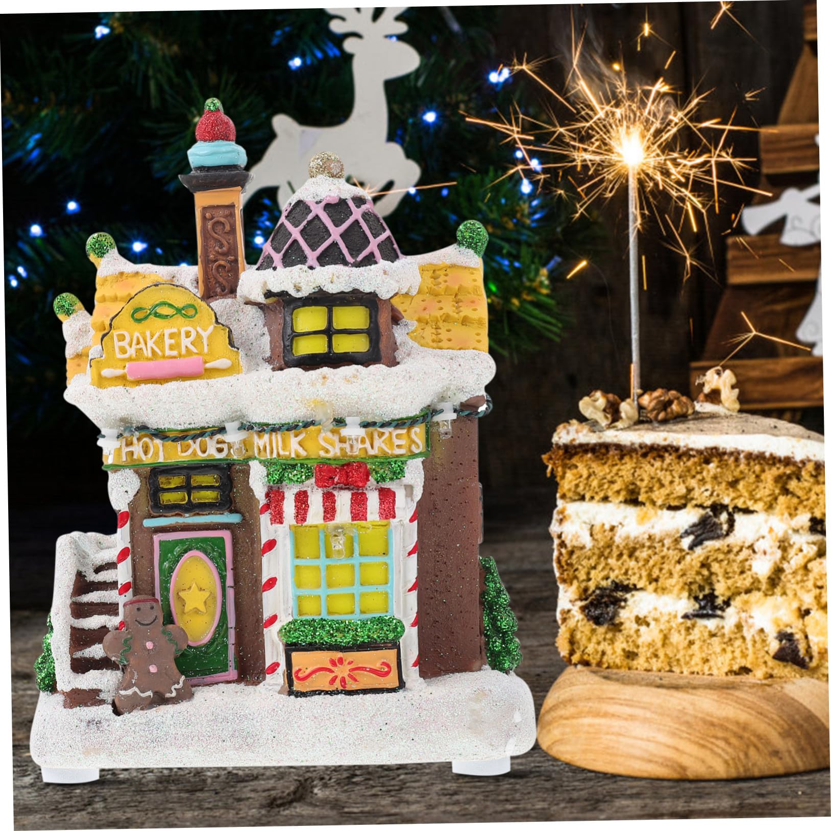 Adorno Navideño de Escritorio Casa Iluminada de Resina Led, Adorno Navideño Luz para Mesa en Ambiente Familiar