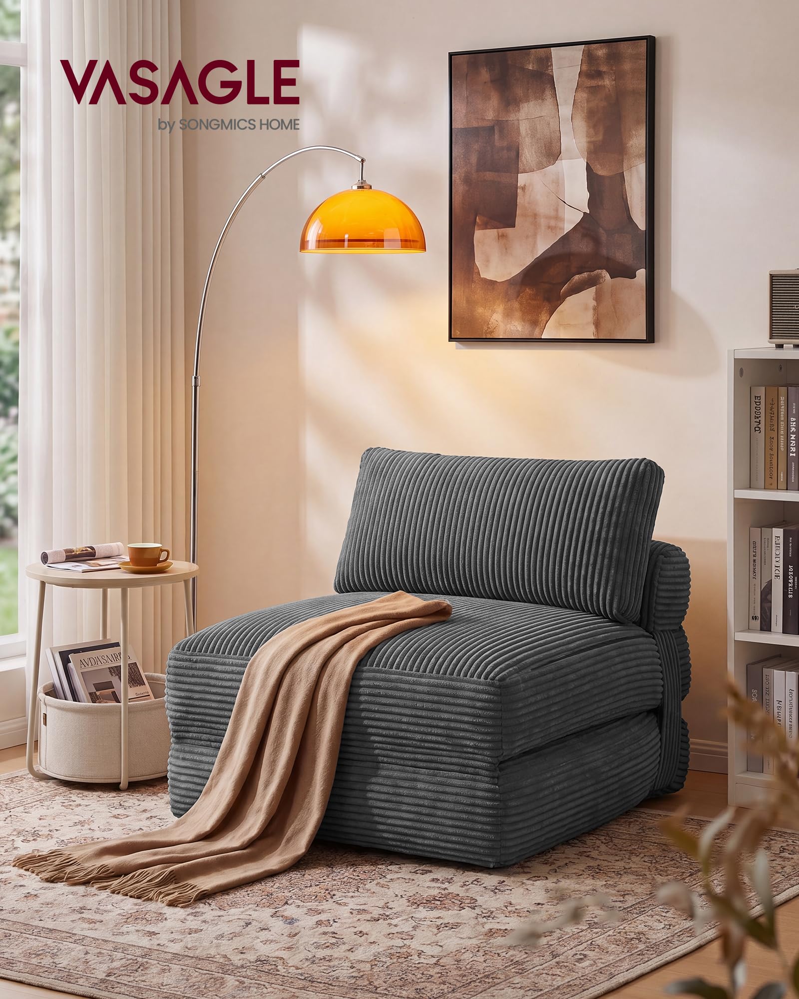 VASAGLE Schlafsessel aus Cord und Schaumstoff, Faltbares Sofabett mit Kissen, 89 x 89 x 78 cm / 89 x 195 x 43 cm, Bleigrau, für Gästezimmer, Camila Kollektion LCS211G101