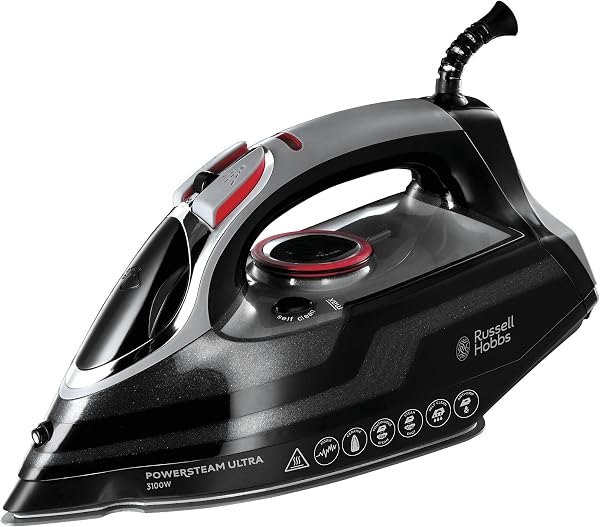 Vista de la plancha de ropa Russell Hobbs Power Steam Ultra con suela cerámica y detalles del control de vapor.