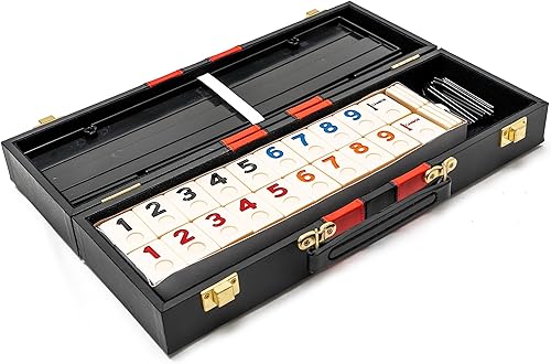 Bello Games New York, Inc. Borough Park Deluxe Rummy Juego con números grabados grandes en una caja de cuero sintético negro