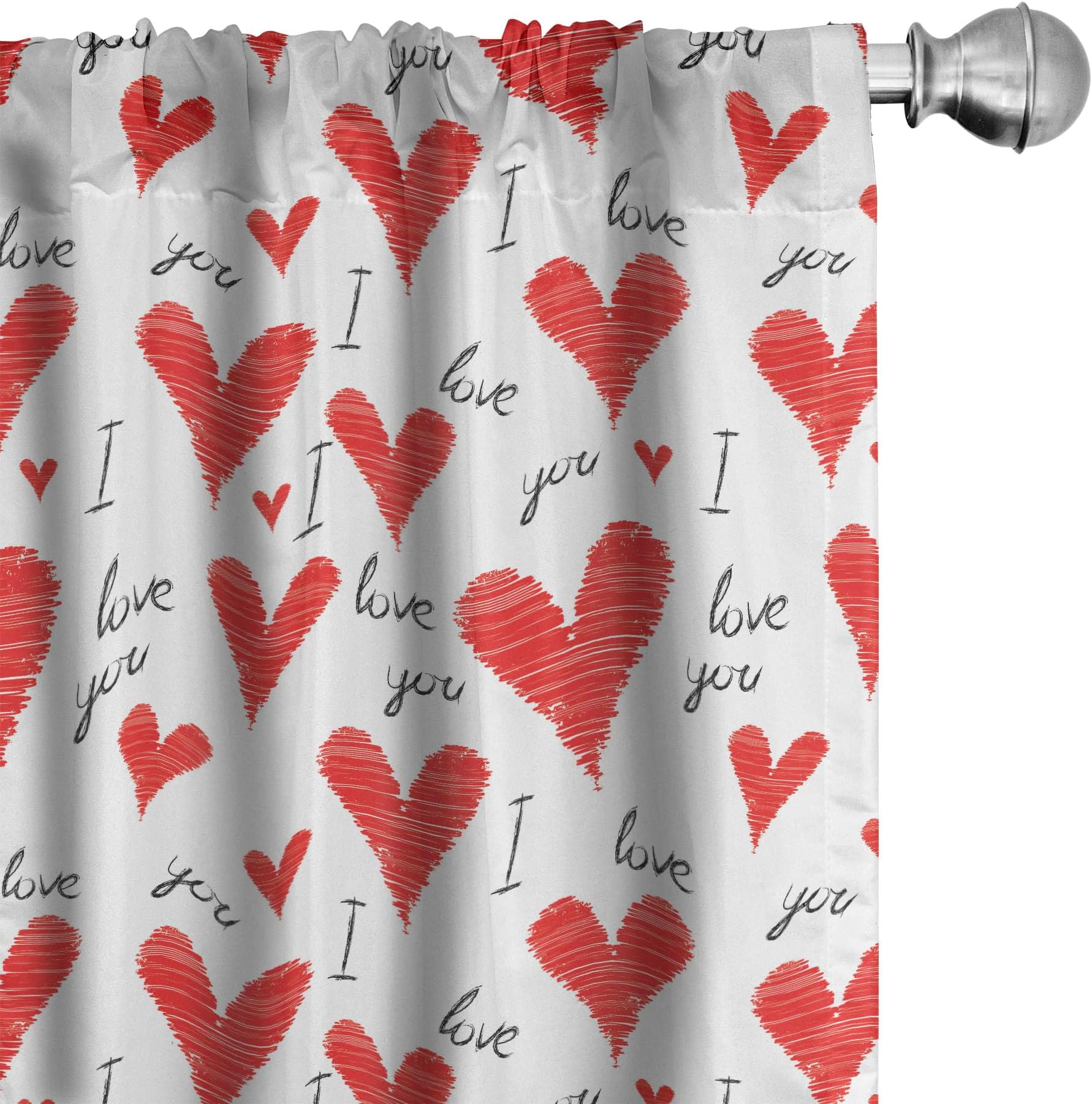AmbesonneLove Window Curtains Pack of 2, Hand Written I Love You Phrases Heart Valentines Day Inspiration, Lightweight Set with Rod Pocket, 4 Panels of - 28" x 63", Vermilion White Black