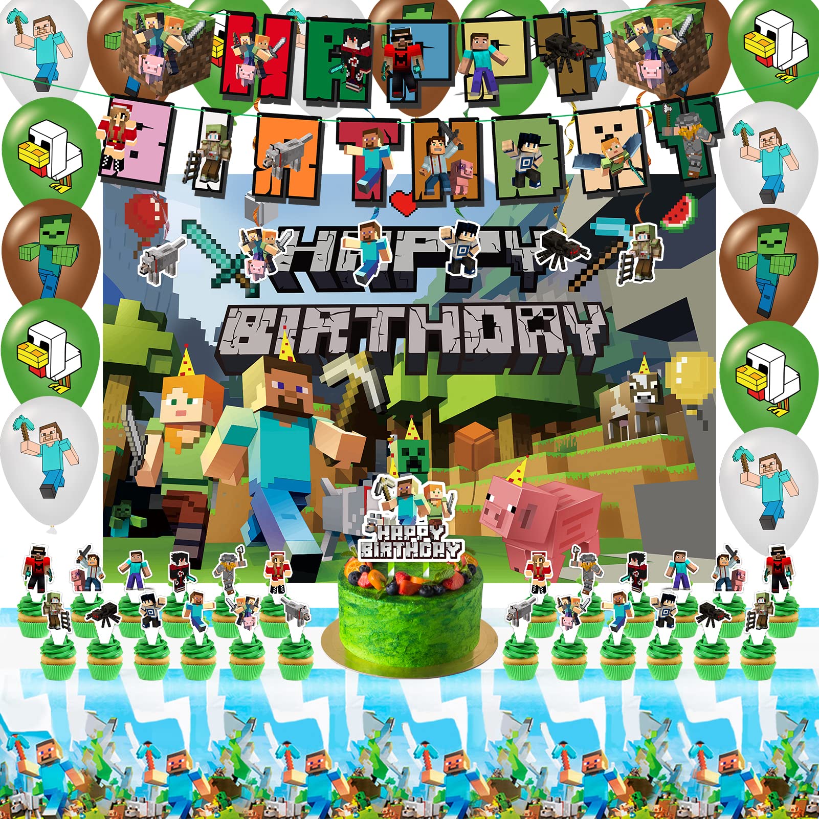 Pixel Birthday Party Supplies, Pixel Theme Style Party Decorations Include Happy Birthday Banner, Backdrop, Tablecloth, Cake Toppers, Cupcake Toppers, Latex Balloons, Hanging Swirls