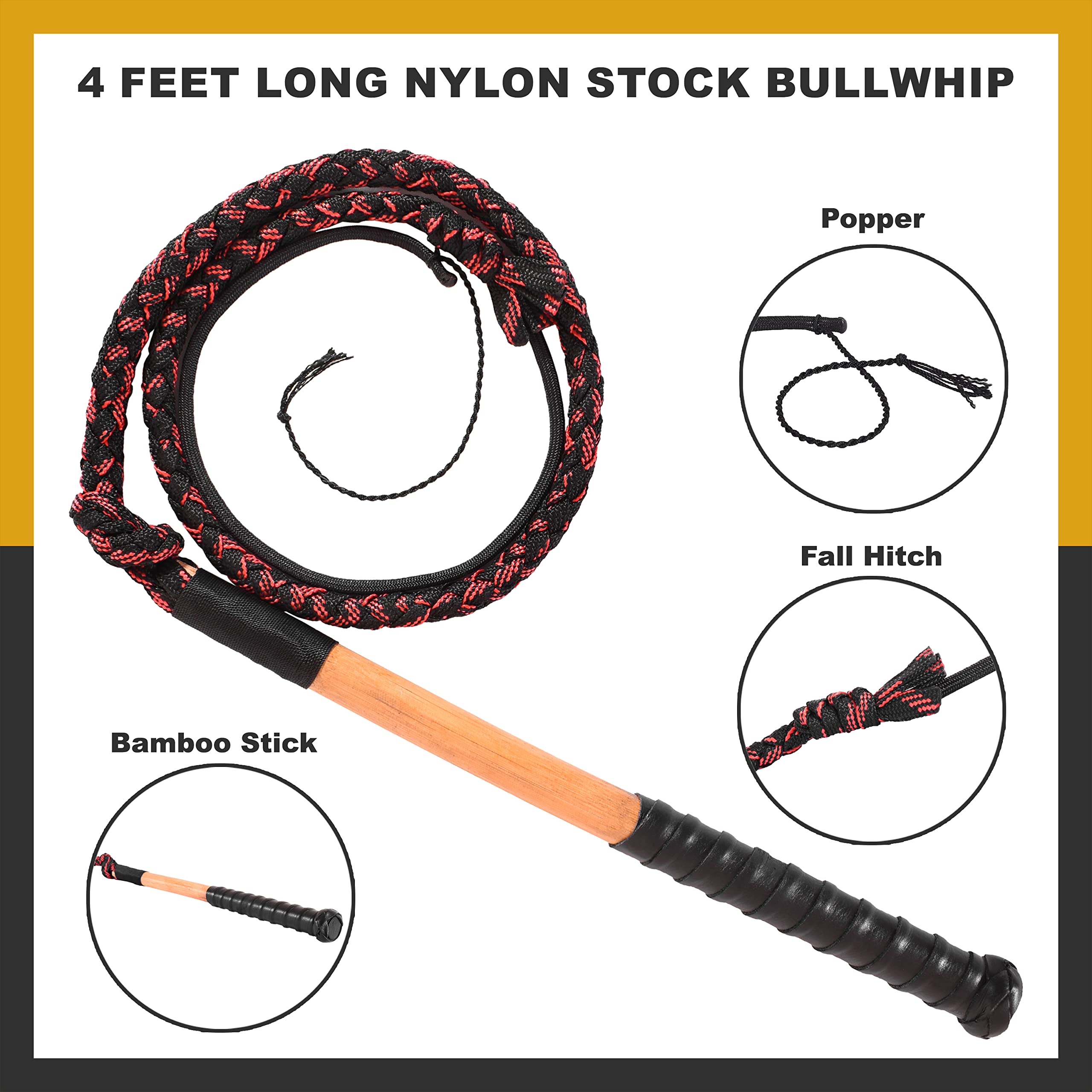 Ardour Crafts Australian Stock Whips Nylon Bullwhips- 4 ft