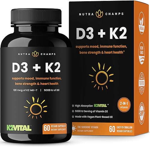 D3 con suplemento K2 MK7 para la salud del corazón y los huesos  Complejo de vitamina D y K  5000 UI de vitamina D 3 y 100 mcg de vitamina K 2 MK-7