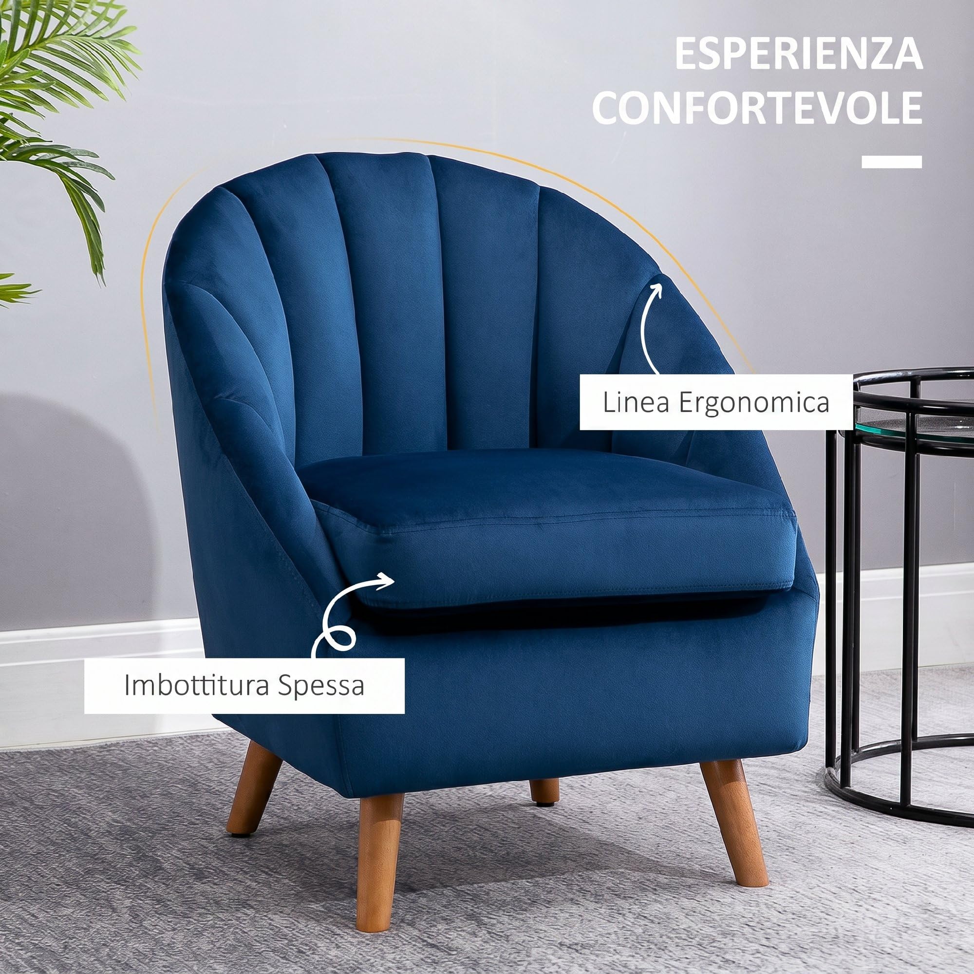 HOMCOM Poltrona Salotto Imbottito in Velluto, Poltroncina Camera da Letto con Imbottitura Spessa, Gambe in Legno di Caucciù, per Soggiorno e Sala da Pranzo, 67x65x77cm, Blu