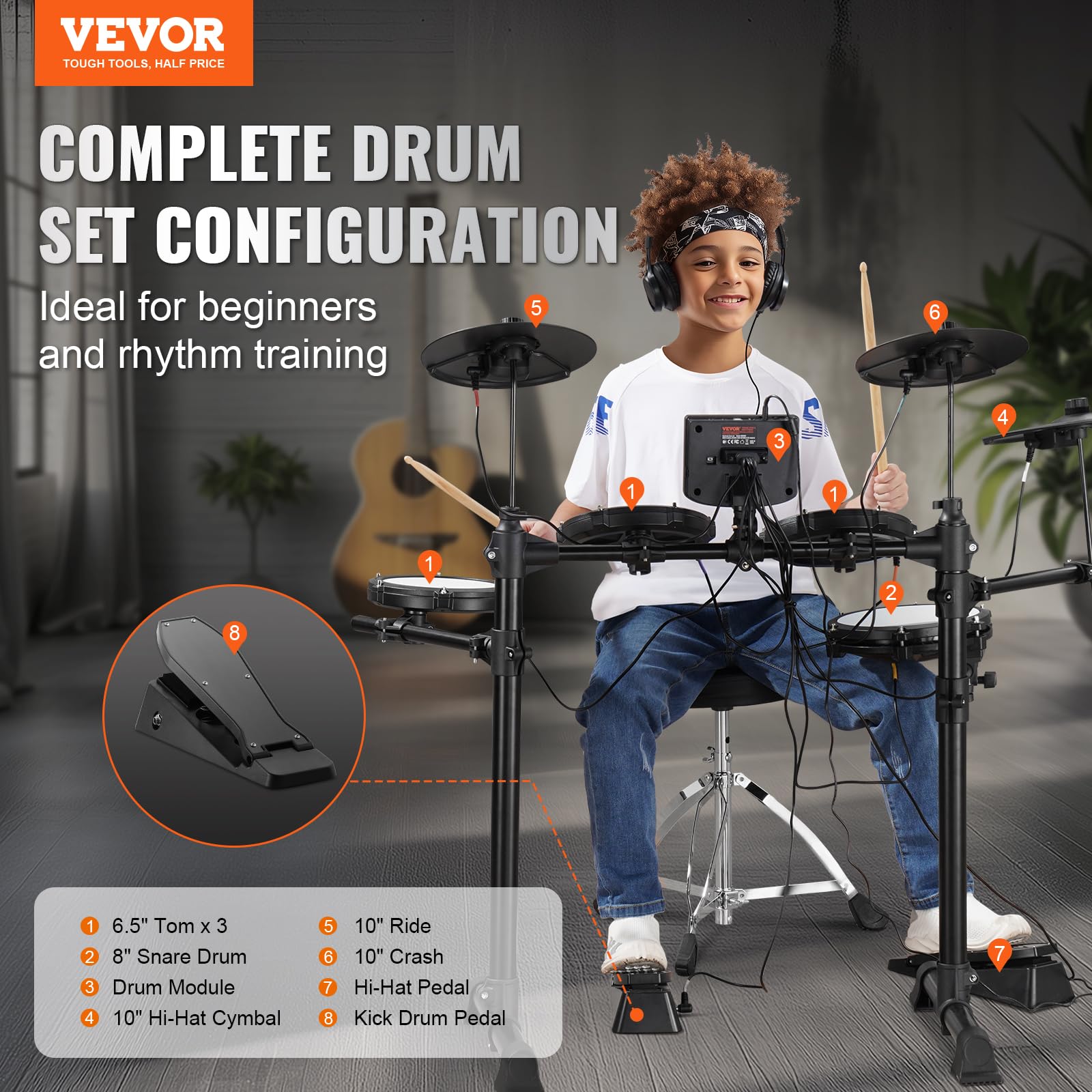 VEVOR Set di Batteria Elettronica, 15 Kit di Batteria 150 Suoni, Set di Batteria Elettronica Rullante Silenzioso 203,2 mm con Supporto USB MIDI con Piatti Bacchette e Cuffie, Principianti e Adulti