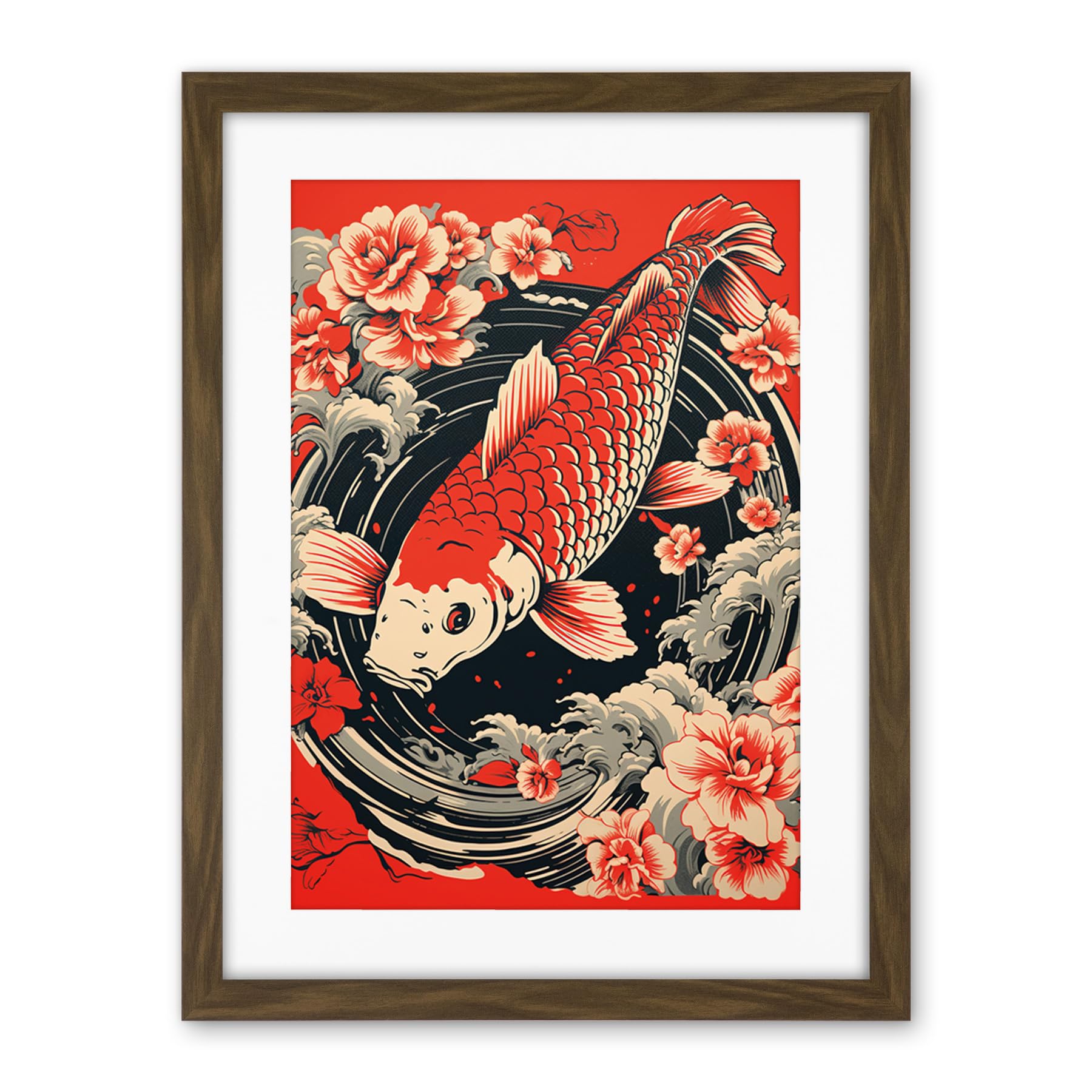 Artery8 Koi Fish Carp Japanese Whirlpool Red Black Floral Illustration Artwork Coy Artwork Framed Wall Art Print 18X24 Inch