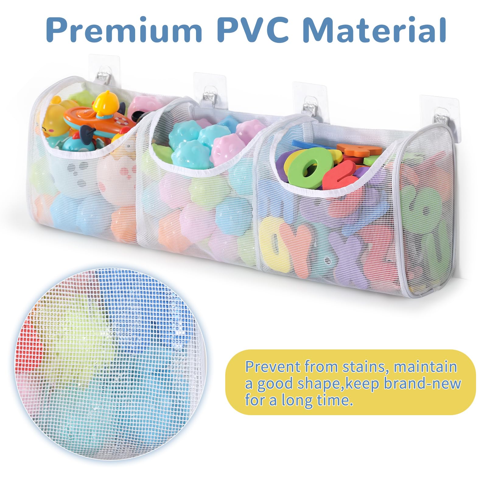 JIANWEI Badespielzeug-Organizer Mit 3 Fächern – Netz-Aufbewahrungstasche 67x14x21 Cm, Mit 4 Haken