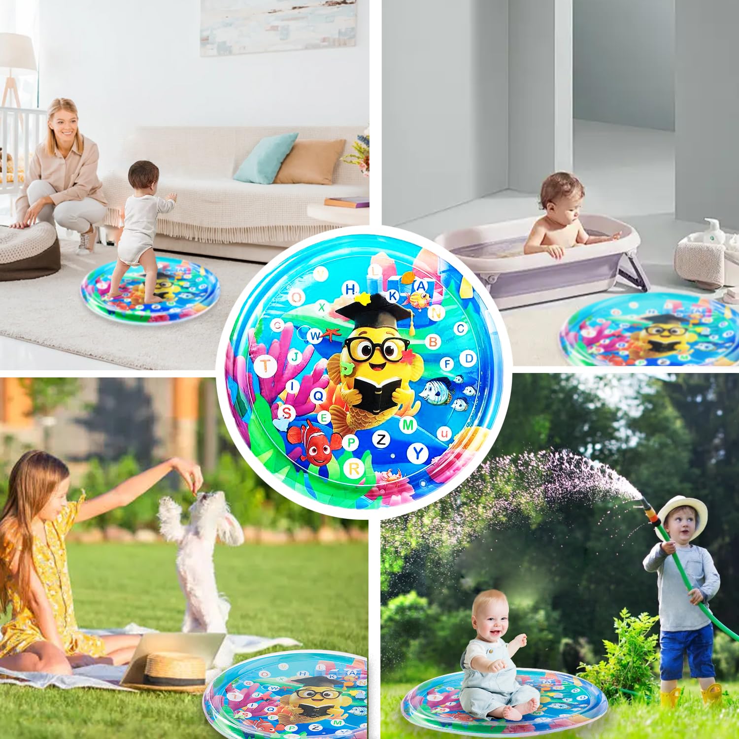 Mata wodna dla niemowląt Premium - 105 cm Nadmuchiwany materac do czuwania czuwania, gra czasu z alfabetem, bezpieczna dla niemowląt i zwierząt (psy/koty), design podwodny