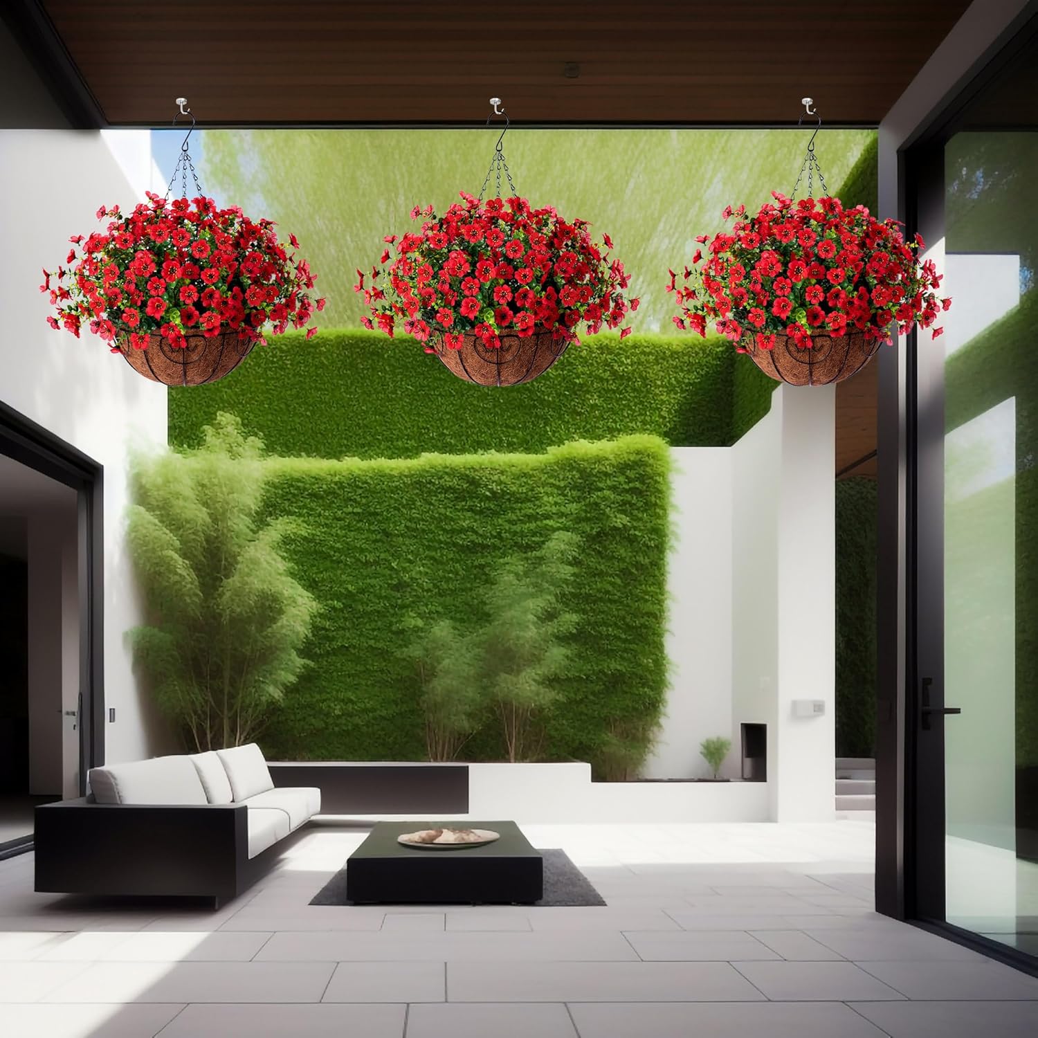 Artificial Flowers Hanging Basket for Outdoor Indoor Spring Summer Decoration,Fake Silk Colorful Daisy Eucalyptus in 12" Coconut Lining Flowerpot Arrangement for Home Patio Yard Decor(Red) - Image 8