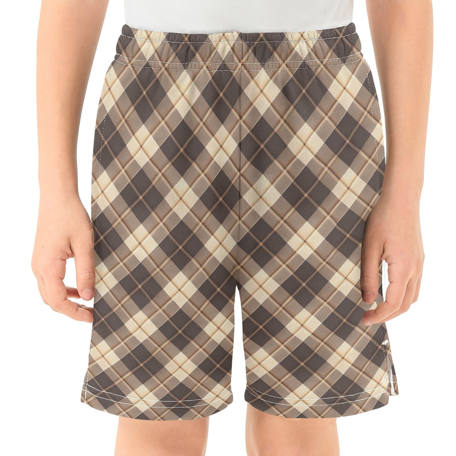 JUNZAN Gingham Boys Shorts with Pockets Running Short Pants Youth Shorts Khaki 10-12