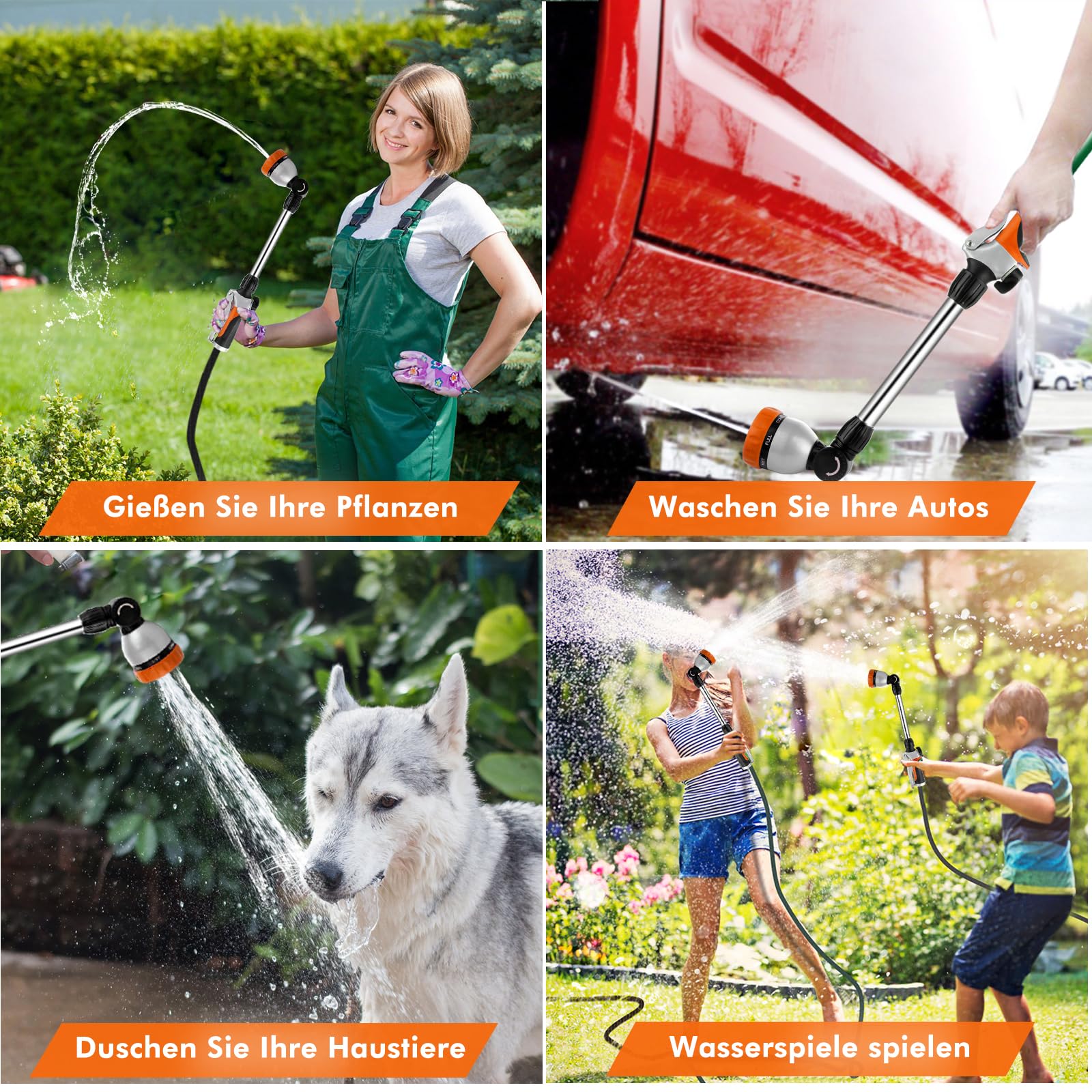RESTMO Garten Gießstab Metall, 42cm Lang Gartenbrause mit Stiel, 180° schwenkbaren Kopf Stabbrause mit Durchflusskontrolle, 7 Sprühbilder Bewässerung Zauberstab für Blumenampeln und Sträucher, Orange