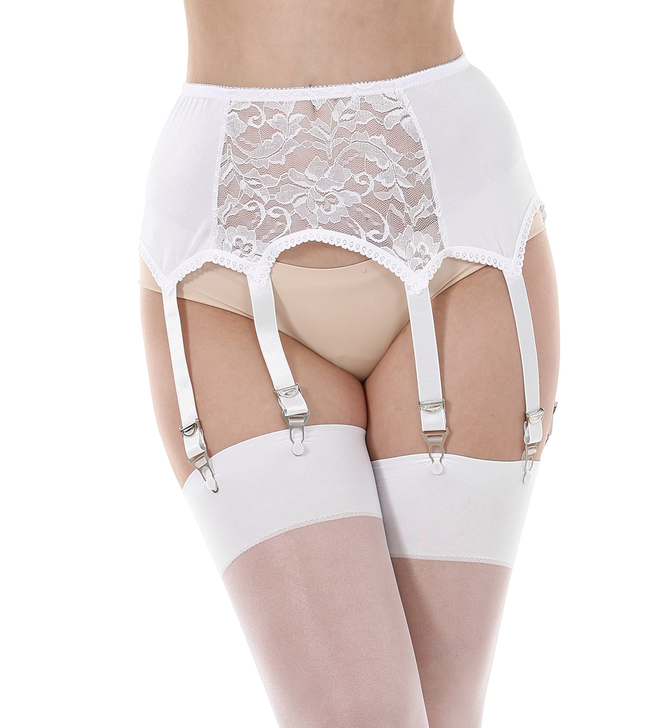 KLONKEE Suspender Belt for Women, Lace Front Panel Garter Belt with 6 Wide Adjustable Straps and Metal Clips, High Waist Stocking Belt for Thigh High Stockings, White, XXX-Large