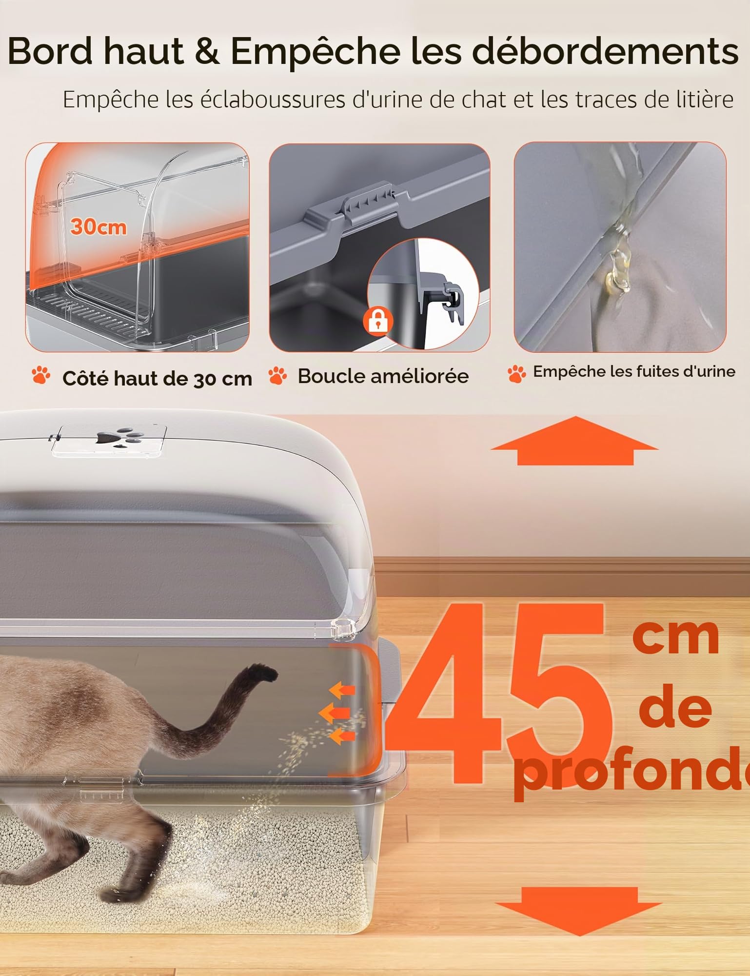 MeoWant Bac à Litière Chat XXL Acier Inoxydable 60x40x45cm, Toilette Fermée Amovible Anti-Fuite Anti-Dérapant, Grand Espace Multi-Chats, Accessoires Inclus Pelle Tapis Sac Charbon Actif Couleur Gris