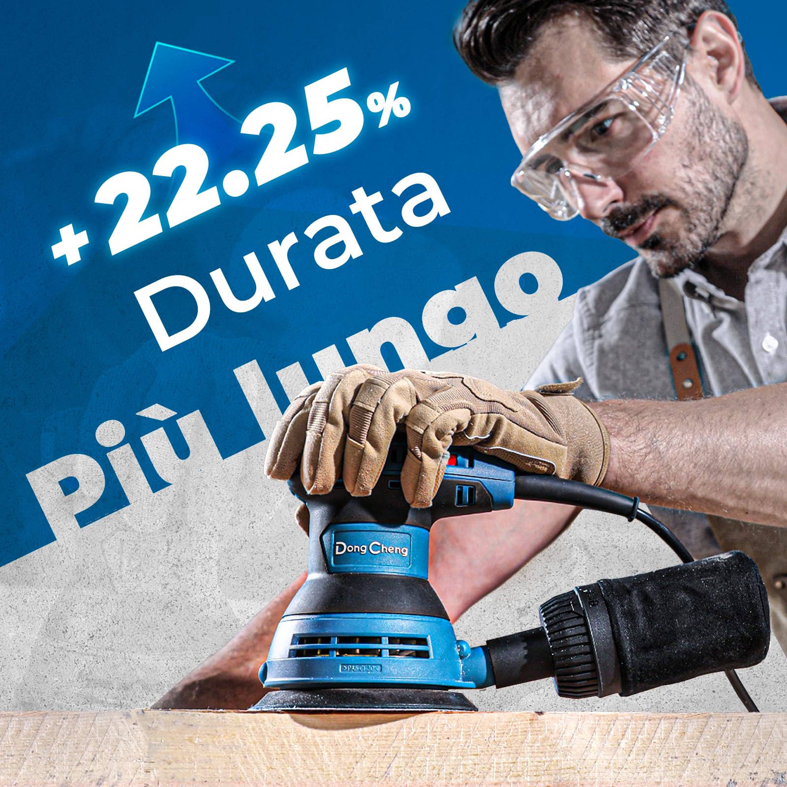Dong Cheng 300W Levigatrice Orbitale, 125 mm, 6 velocità, 4000-12000 giri/min, Sistema di raccolta della polvere con 10 dischi abrasivi, ideale per progetti di lavorazione del legno