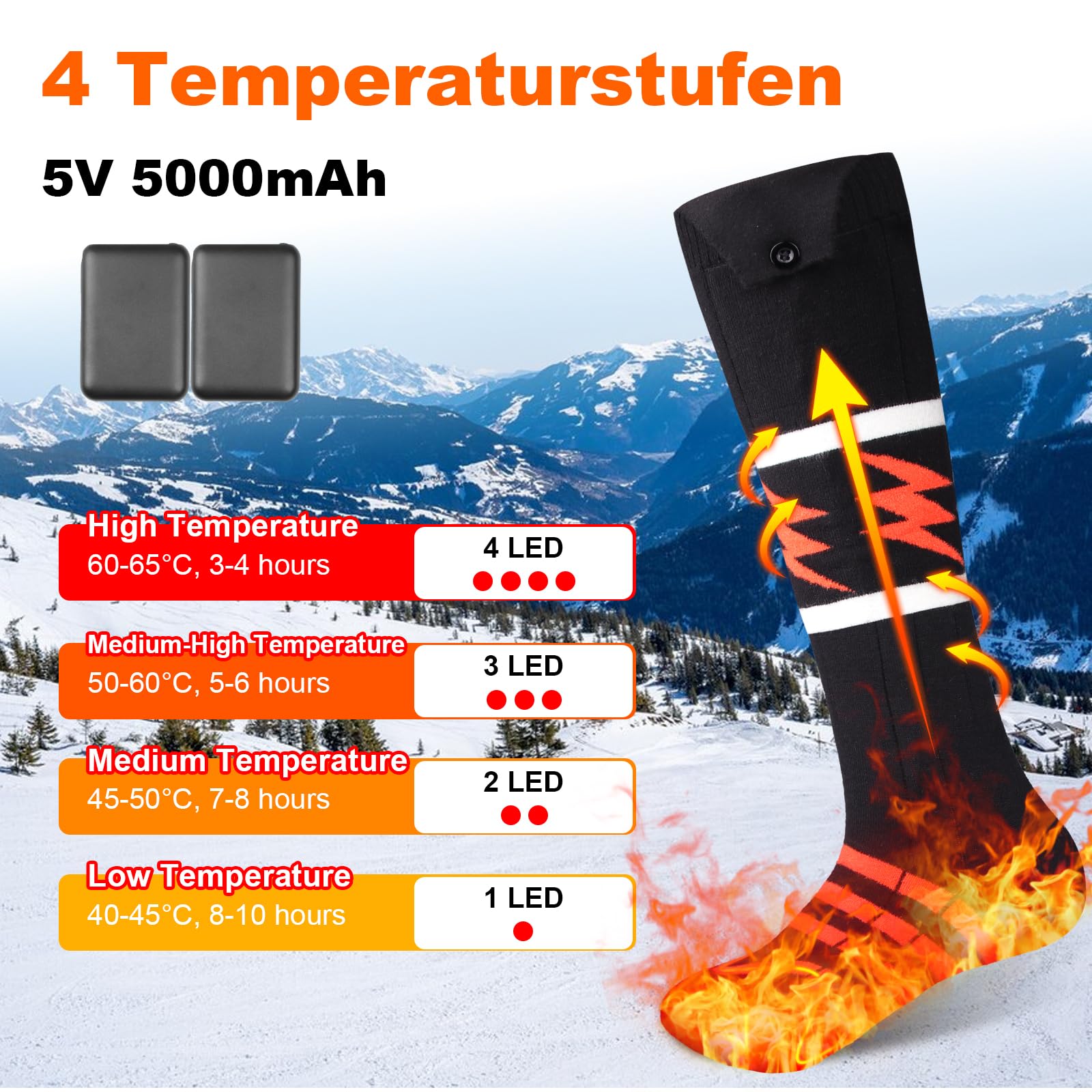 Chaussettes chauffantes pour Femme et Homme avec 5000mAh Batterie, 3 Niveaux de température, 360° Chaussettes chauffantes Rechargeables, lavables, Noir
