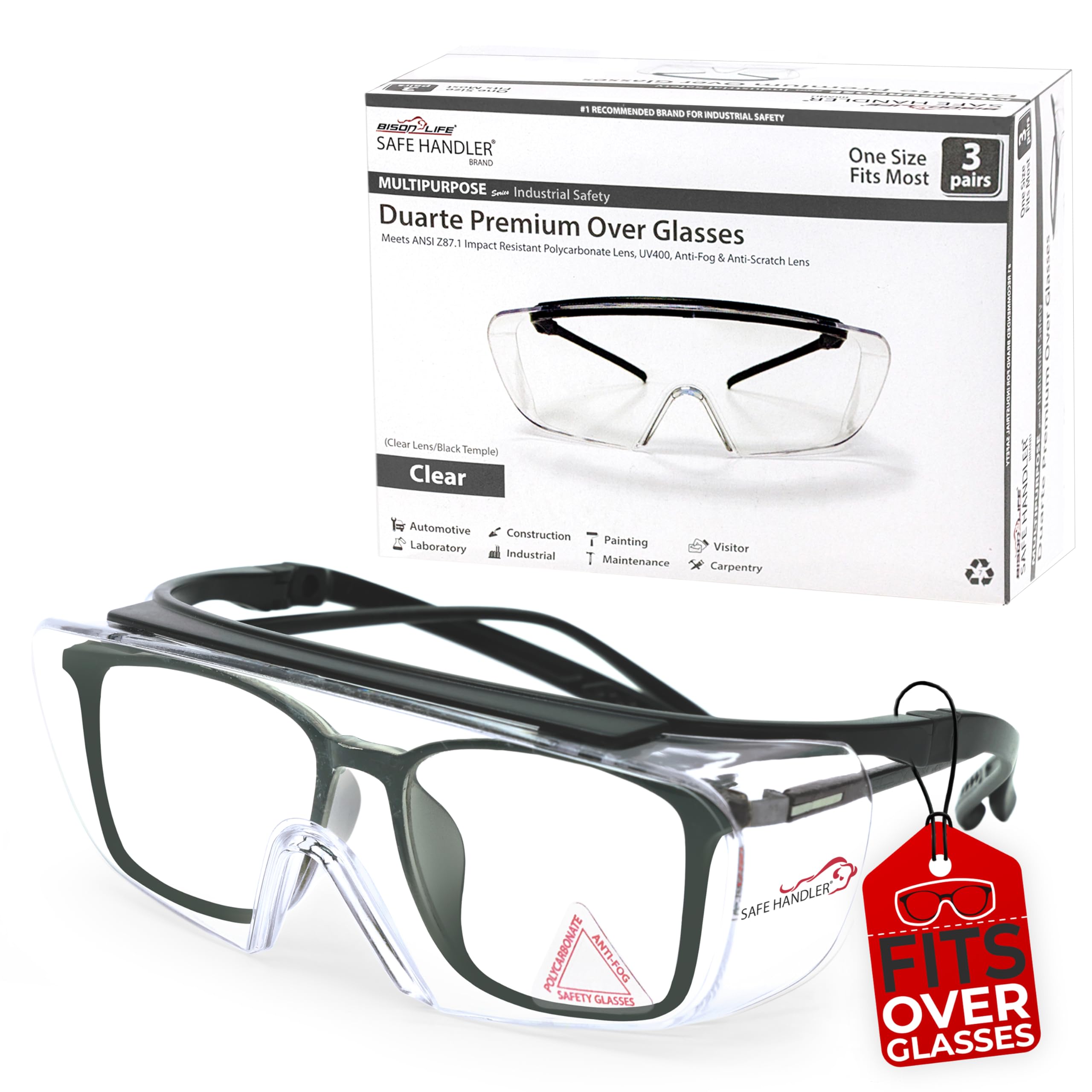 SAFE HANDLER Duarte Premium Over Gläser, 3 Paar | ANSI Z87.1, schlagfeste Polycarbonat-Linsen, UV400, Anti-Fog & Kratzschutz, Box mit 3 Stück