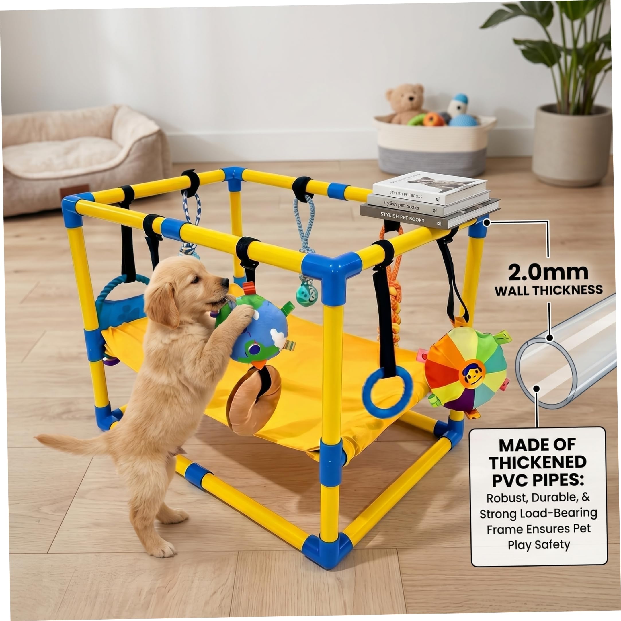 Salle de Jeu pour Chiots, Salle de Jeux pour Chiens avec Jouets Suspendus et hamac, Aire Jeux Robuste pour Chiots en PVC, Jouets interactifs pour activités pour Chiens, 23, 62 × 15, 75 × 16, 93 Pouce