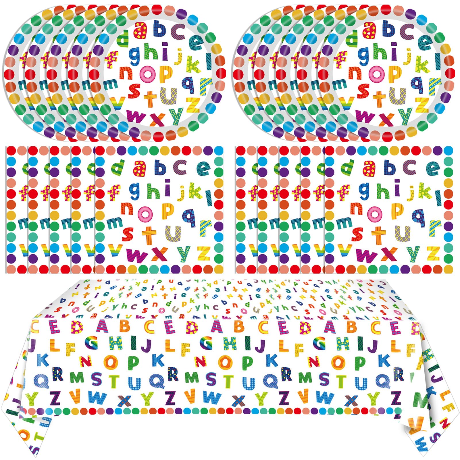 41Pcs Colorful ABC Birthday Party Decorations Alphabet Colorful Party Supplies ABC Rainbow Dots Plates Napkins Tablecloth?Kids Birthday Educations Party Classroom First Day School Party,Serv 20