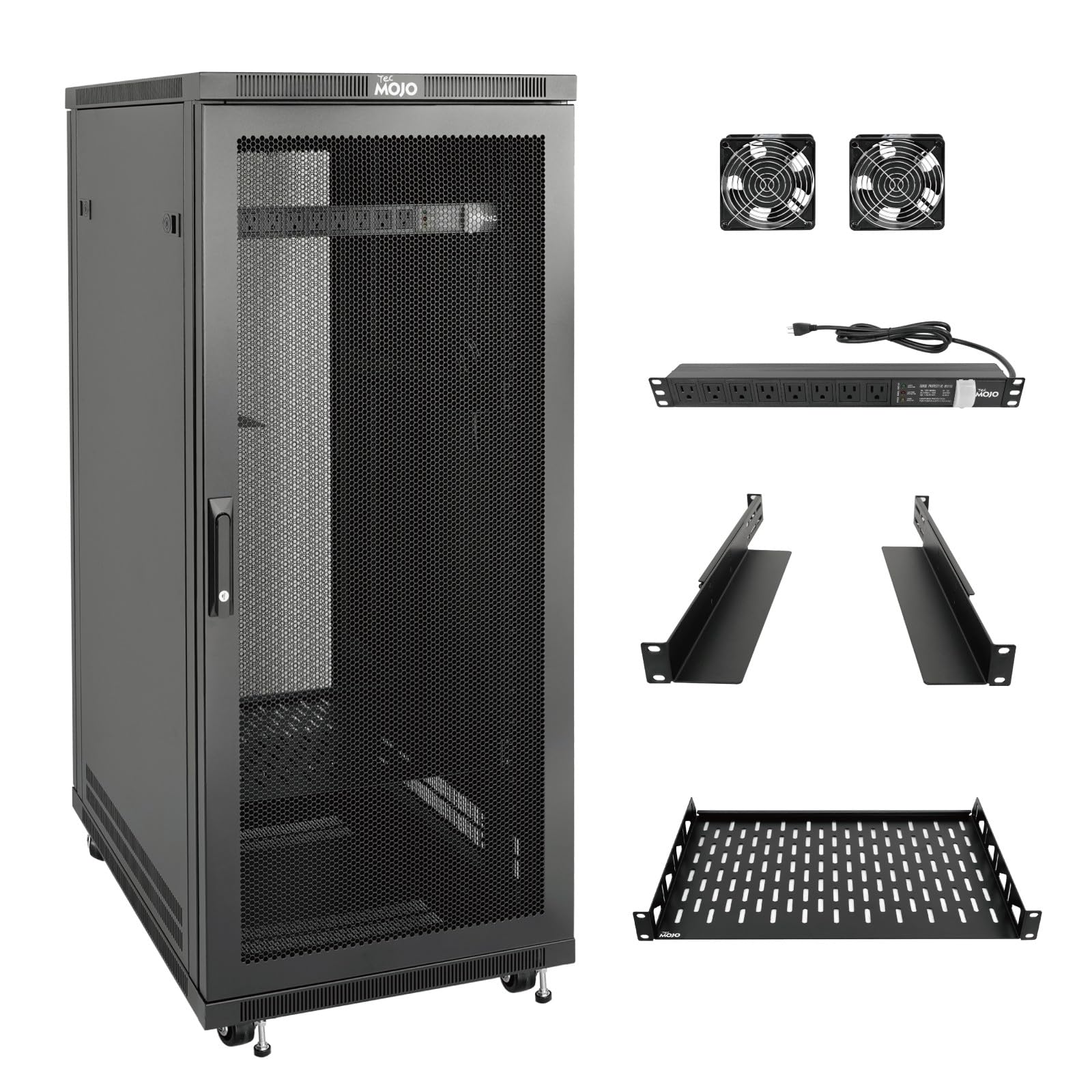 Tecmojo Network Rack Cabinet,27U Server Rack,23.6 Inch Depth,Hold Up to 1800Lbs,Lockable Cabinet with Casters and Complete Accessories,Mesh Door,for Home,Office,Small Business (27U 23.6" w*23.6" d)