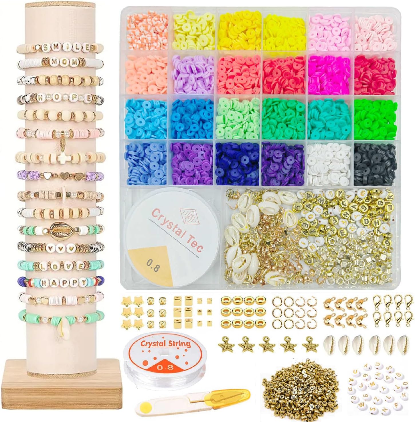 FireBee Friendship Bracelet Making Kit, 24 Colors Polymer Heishi Beads, Speckled Clay Beads, Letter Beads, Cute Stuff Charms with Strings Accessories for Adults