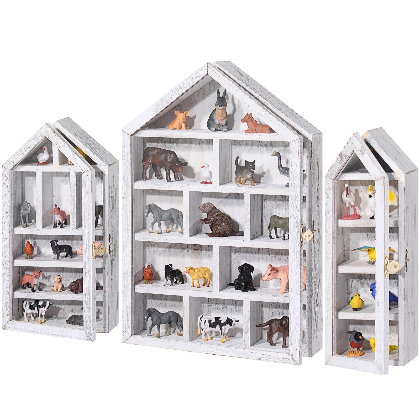 Shadow Boxes 3 Pack House Shaped Wooden Trinket Shelf 10 x 15 Inch Large Storage Boxes Display Cases with Shelves for Mini Figures Trinket Medals Crafts Collections(White)