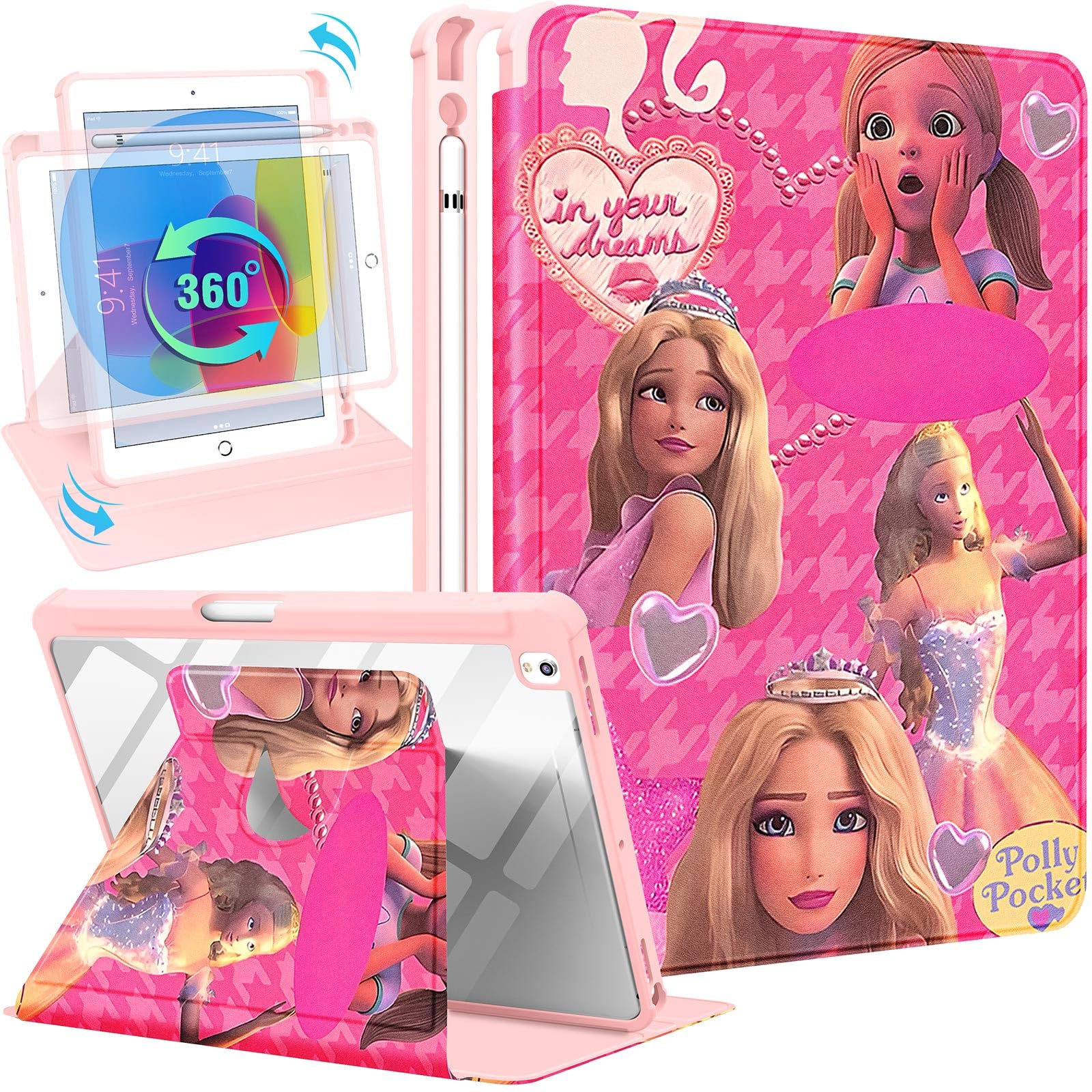 Besoarfor iPad 9th/8th/7th Generation 10.2 inch Case Cute Cartoon Kawaii for Girls Kids Girly Women Design Covers,360 Degree Rotating Folio Stand Pencil Holder for Apple i Pad 9/8/7 Gen,Pk Bubi