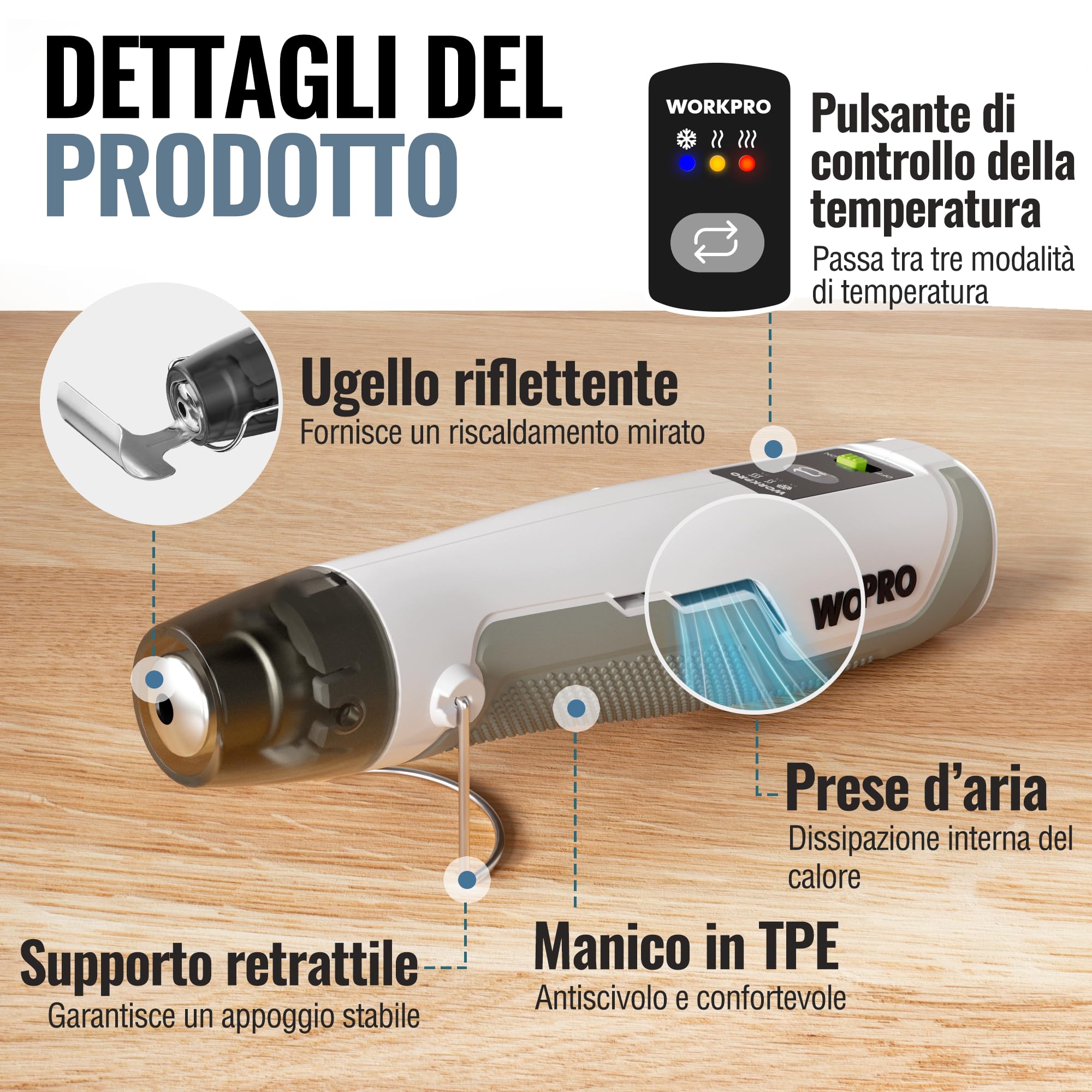 WORKPRO Pistola ad aria calda mini 8V con batteria 4000 mAh, 300℃/450℃, riscaldamento rapido in 30 s, con ugello riflettente e 50 guaine termorestringenti per fai-da-te, riparazioni e lavori creativi