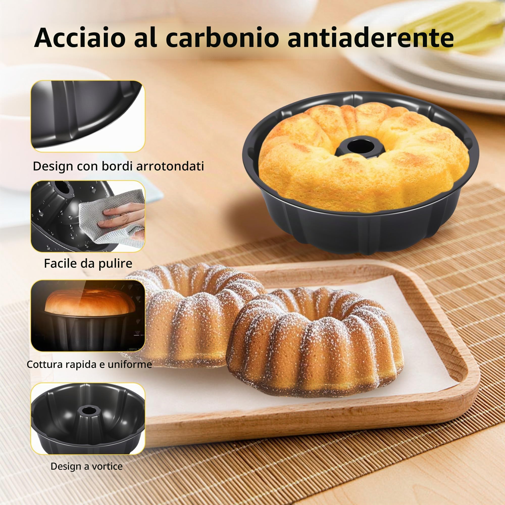 2 Pezzi Stampo Torta teglia Stampo per Ciambella con Tubo da forno in Acciaio con Rivestimento Antiaderente da Forno per Biscotti e Torte 24 cm (Nero)