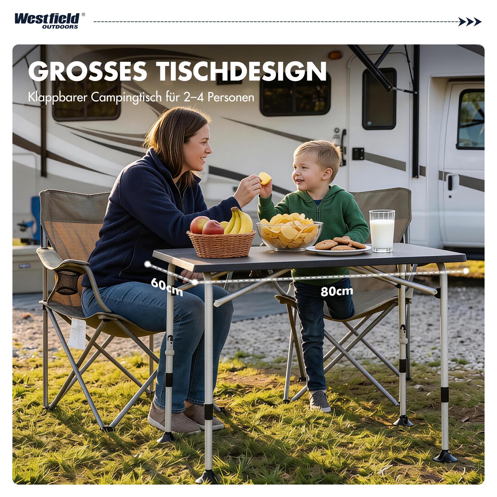 Westfield Outdoors Superb Campingtisch Klappbar Höhenverstellbar Klapptisch für 4-8 Personen, Stabiler Gartentisch Falttisch mit Breiten Standfüßen für Camping, Wohnwagen & Terrasse, Grau