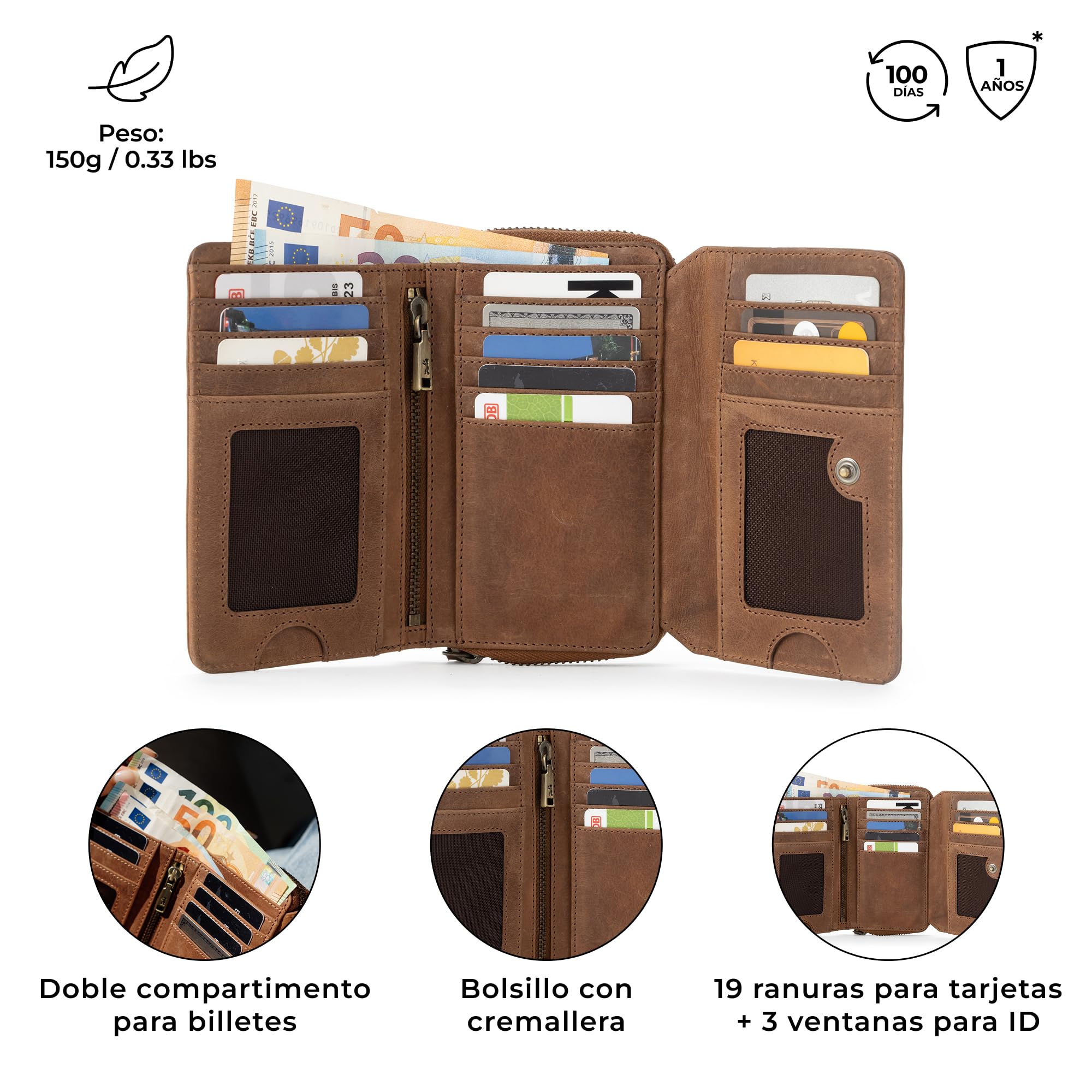 Berliner Bags Vienna Vintage Cartera Grande Mujer Piel Auténtica Tarjetero